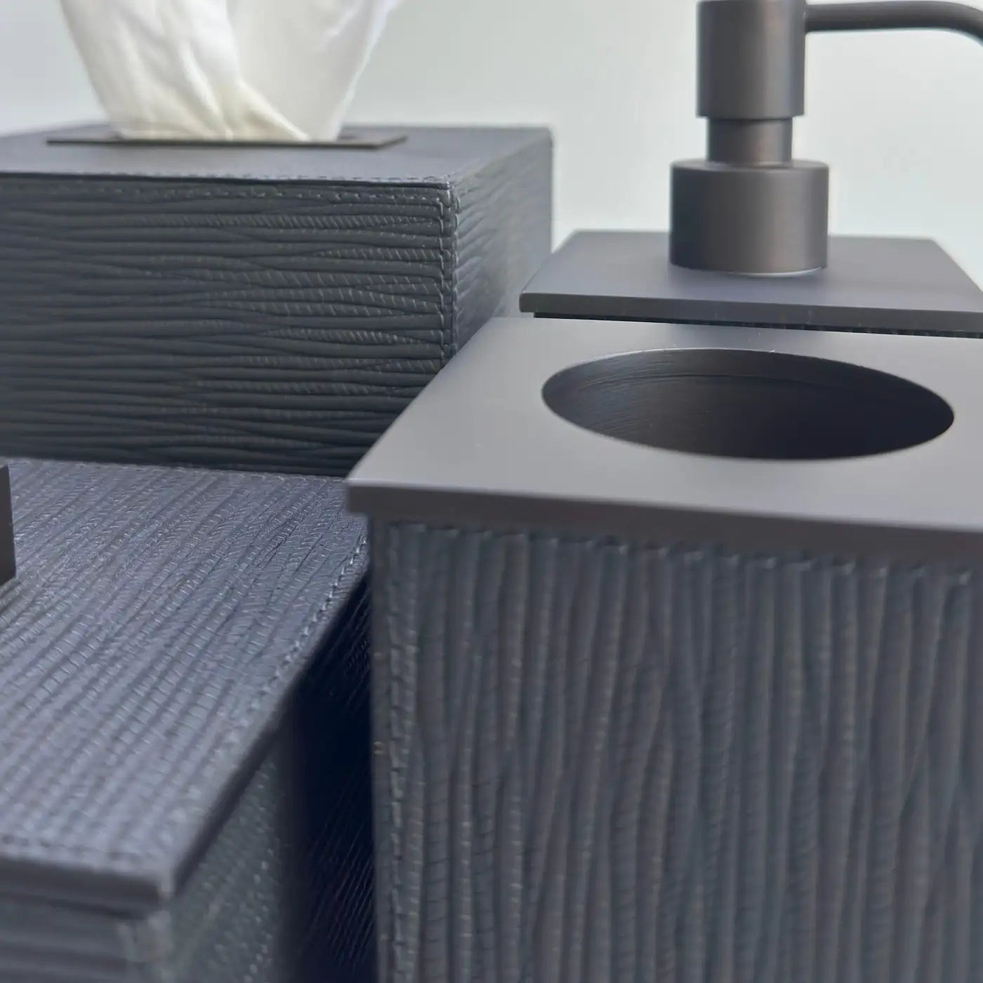 Italian Black Leather and Bronze Bathroom Accessories Se