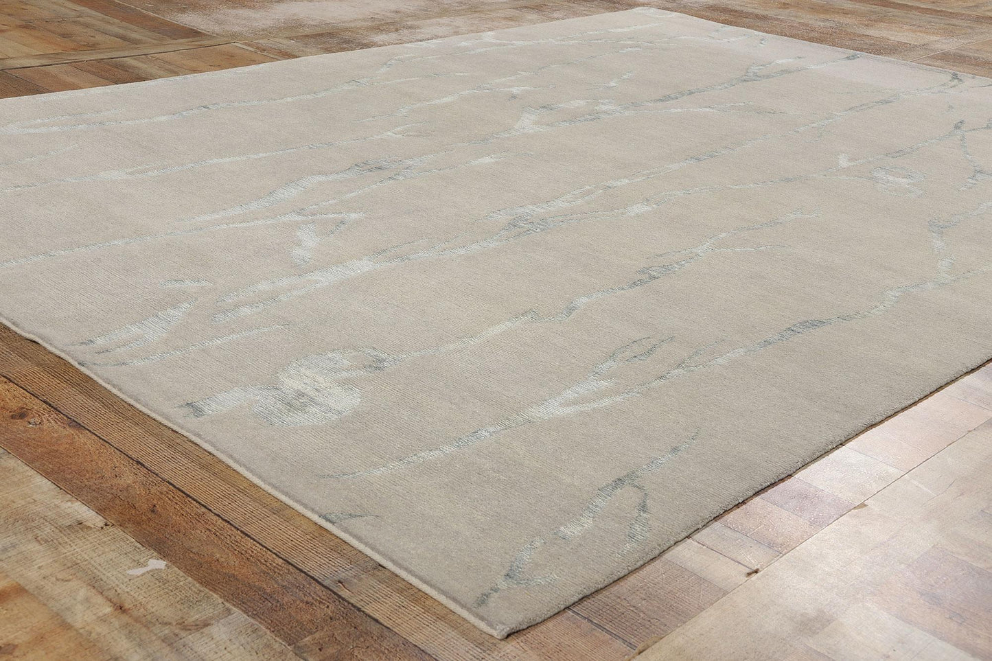 Silver Grey Biophilic Japandi Wool & Silk Rug – 211 x 290 cm