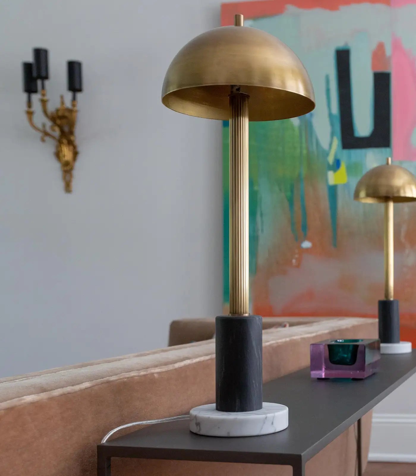 Pillar Table Lamp, Contemporary Lamp, Antique Brass, Marble