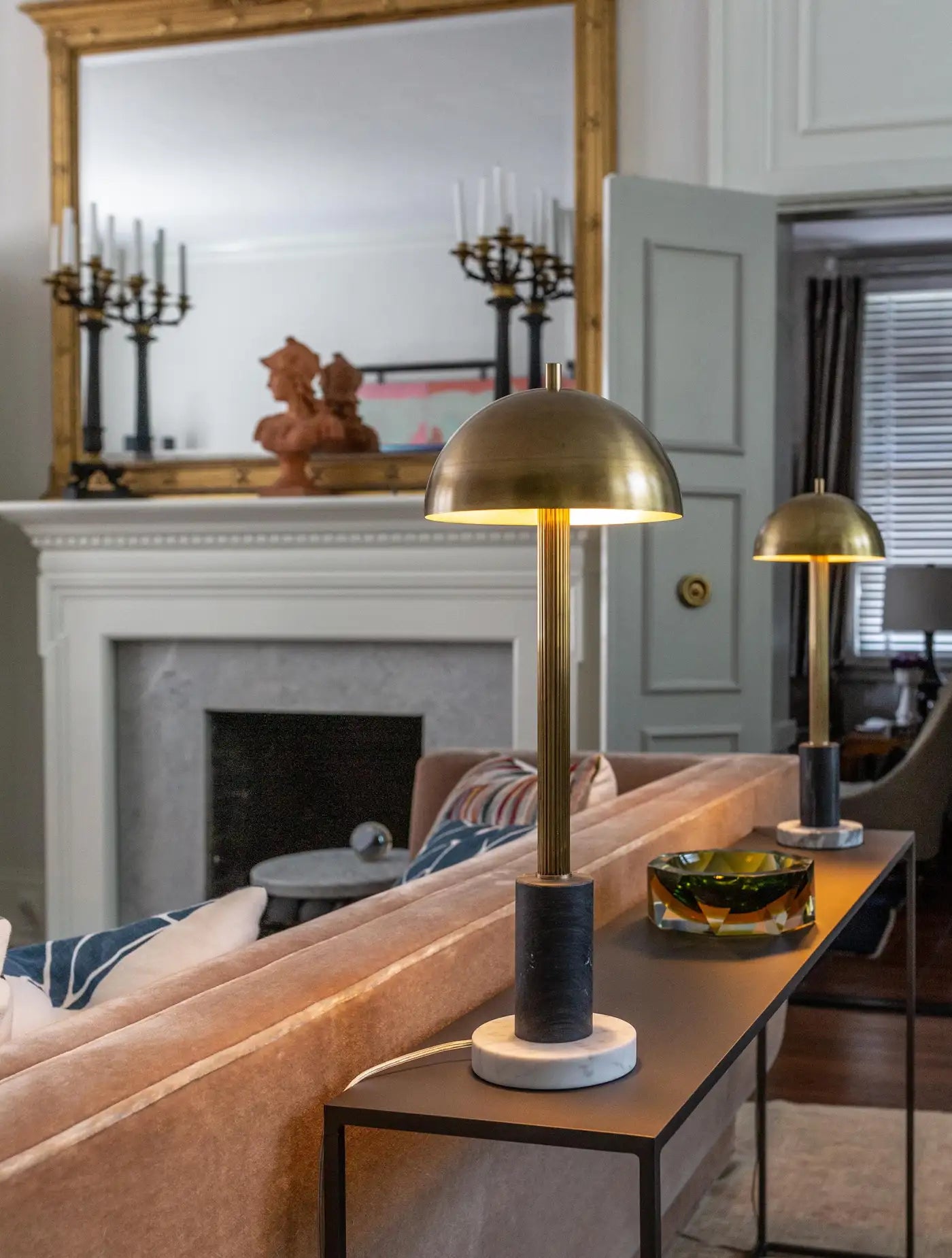 Pillar Table Lamp, Contemporary Lamp, Antique Brass, Marble