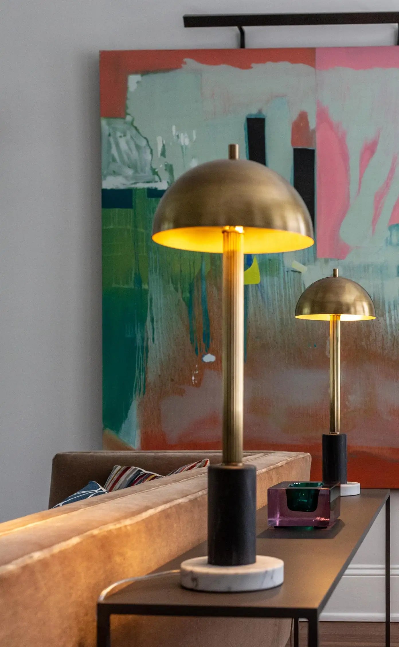 Pillar Table Lamp, Contemporary Lamp, Antique Brass, Marble