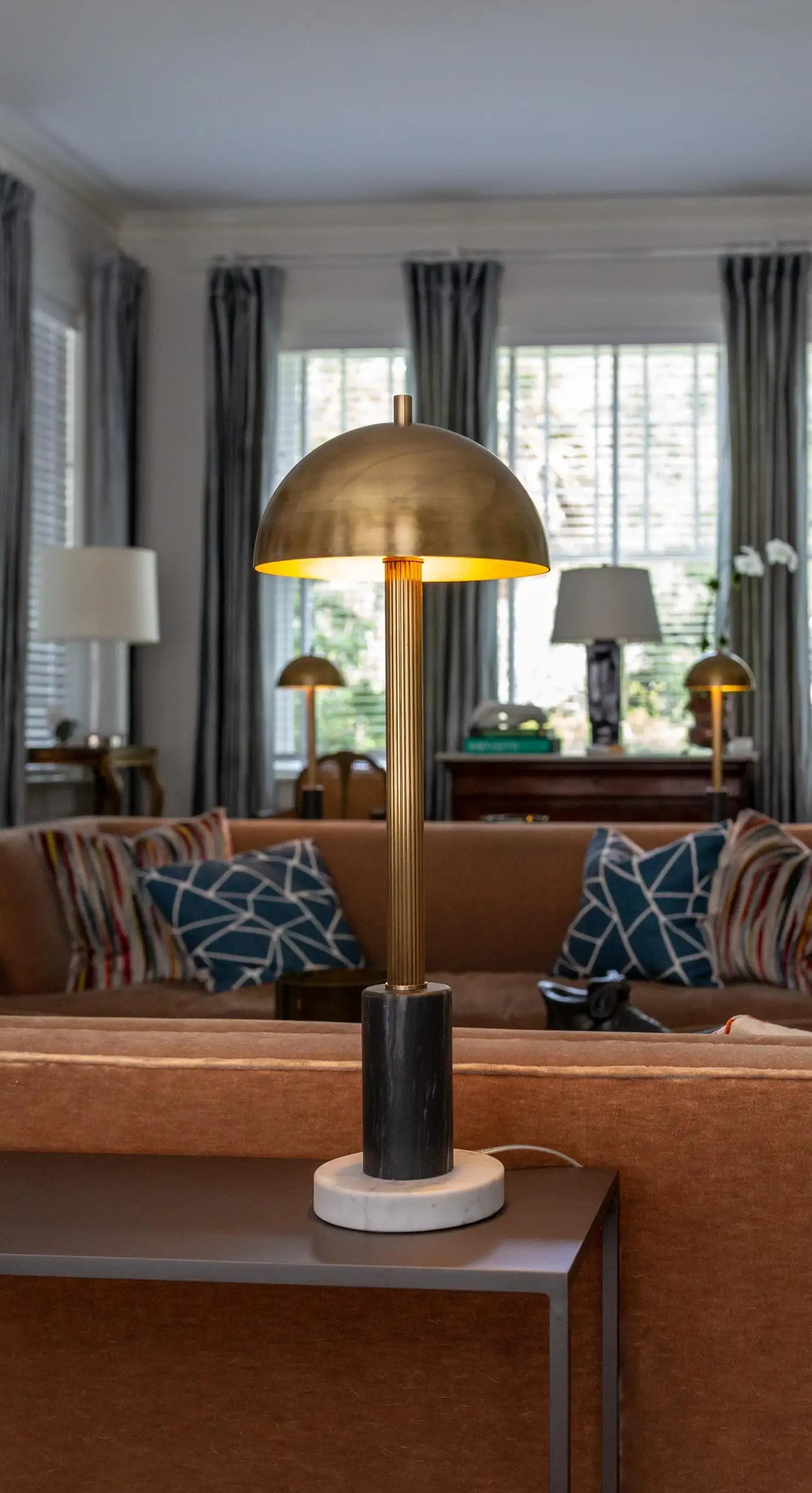 Pillar Table Lamp, Contemporary Lamp, Antique Brass, Marble