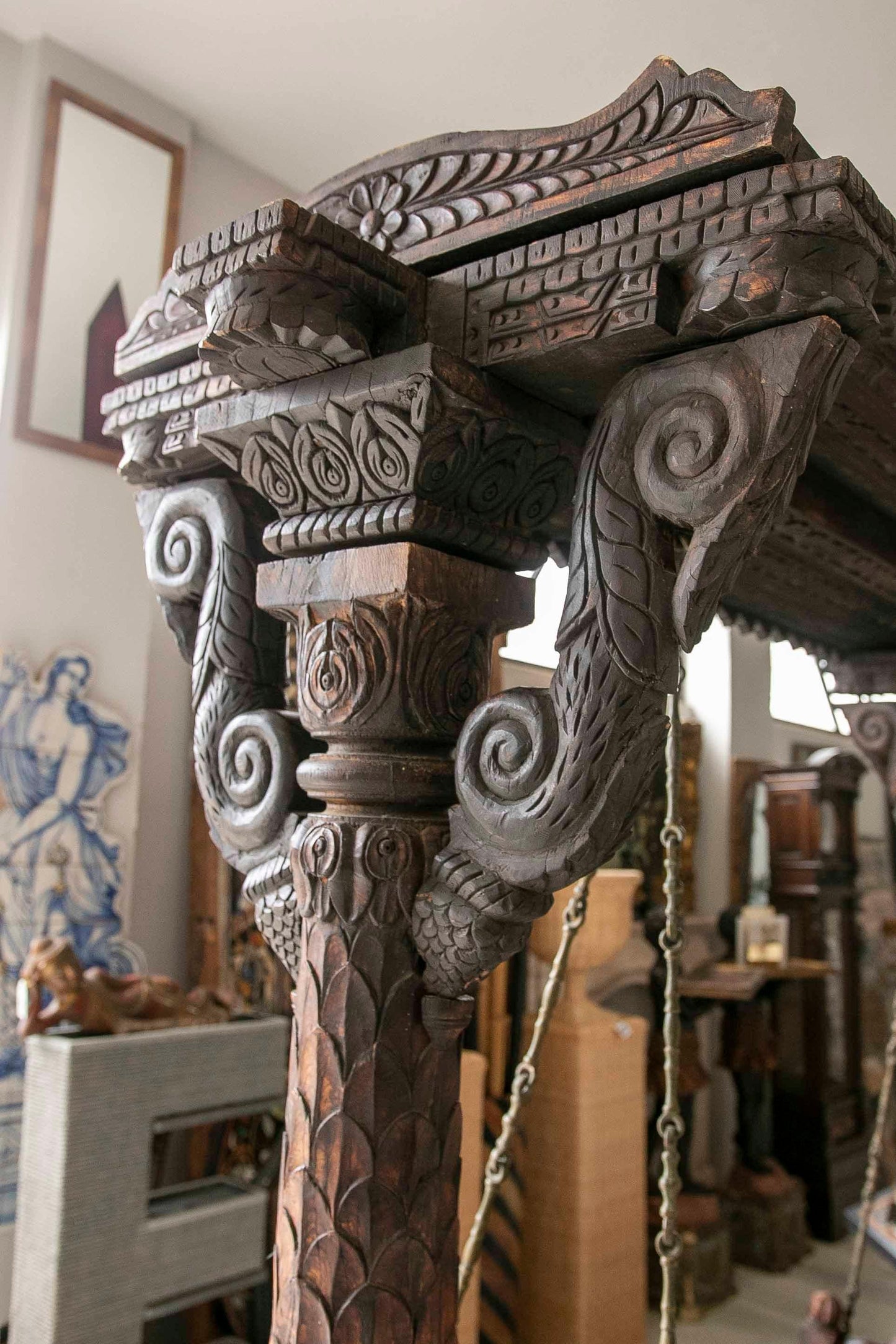Hand-Carved Wooden Swing with Elephants and Columns