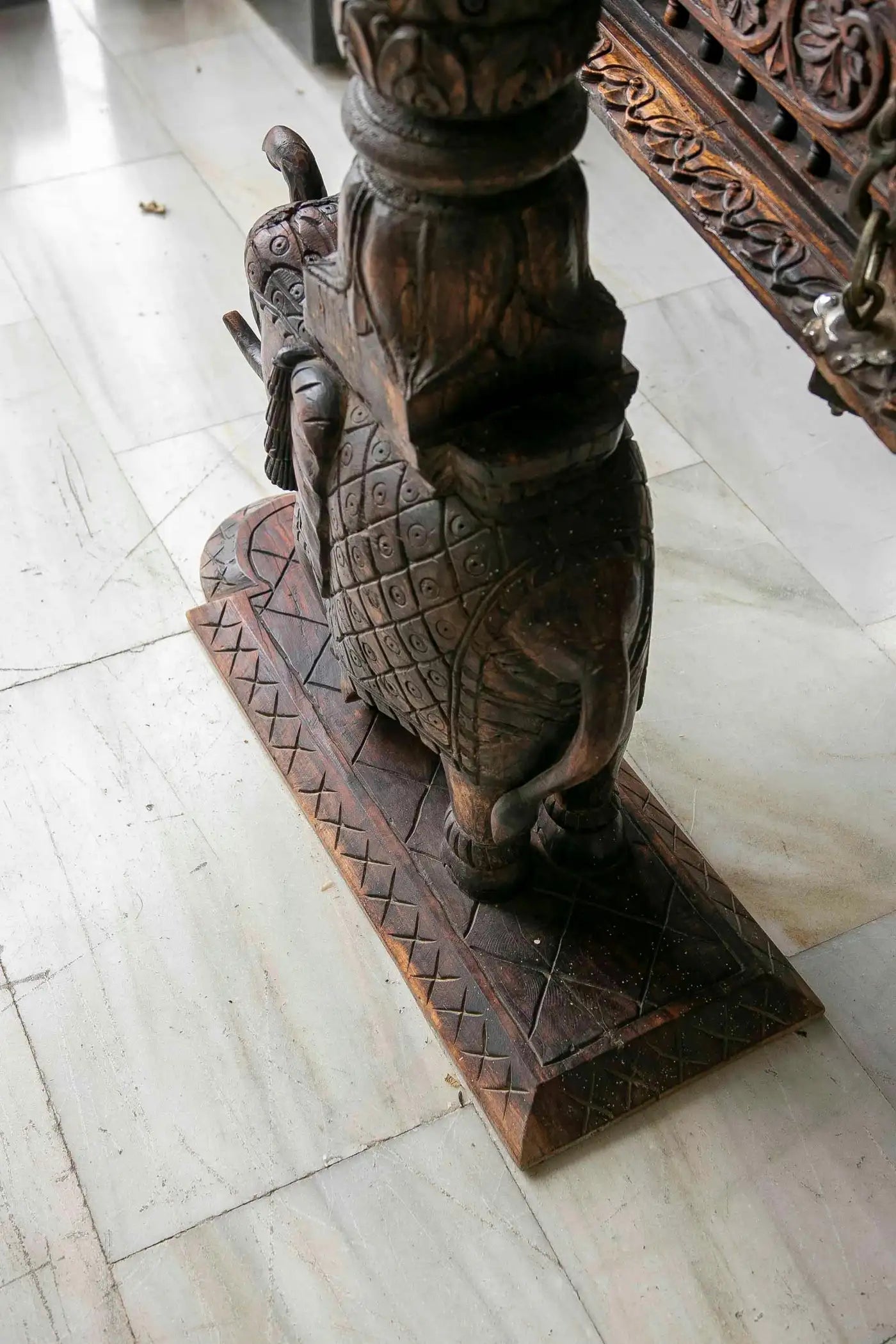 Hand-Carved Wooden Swing with Elephants and Columns