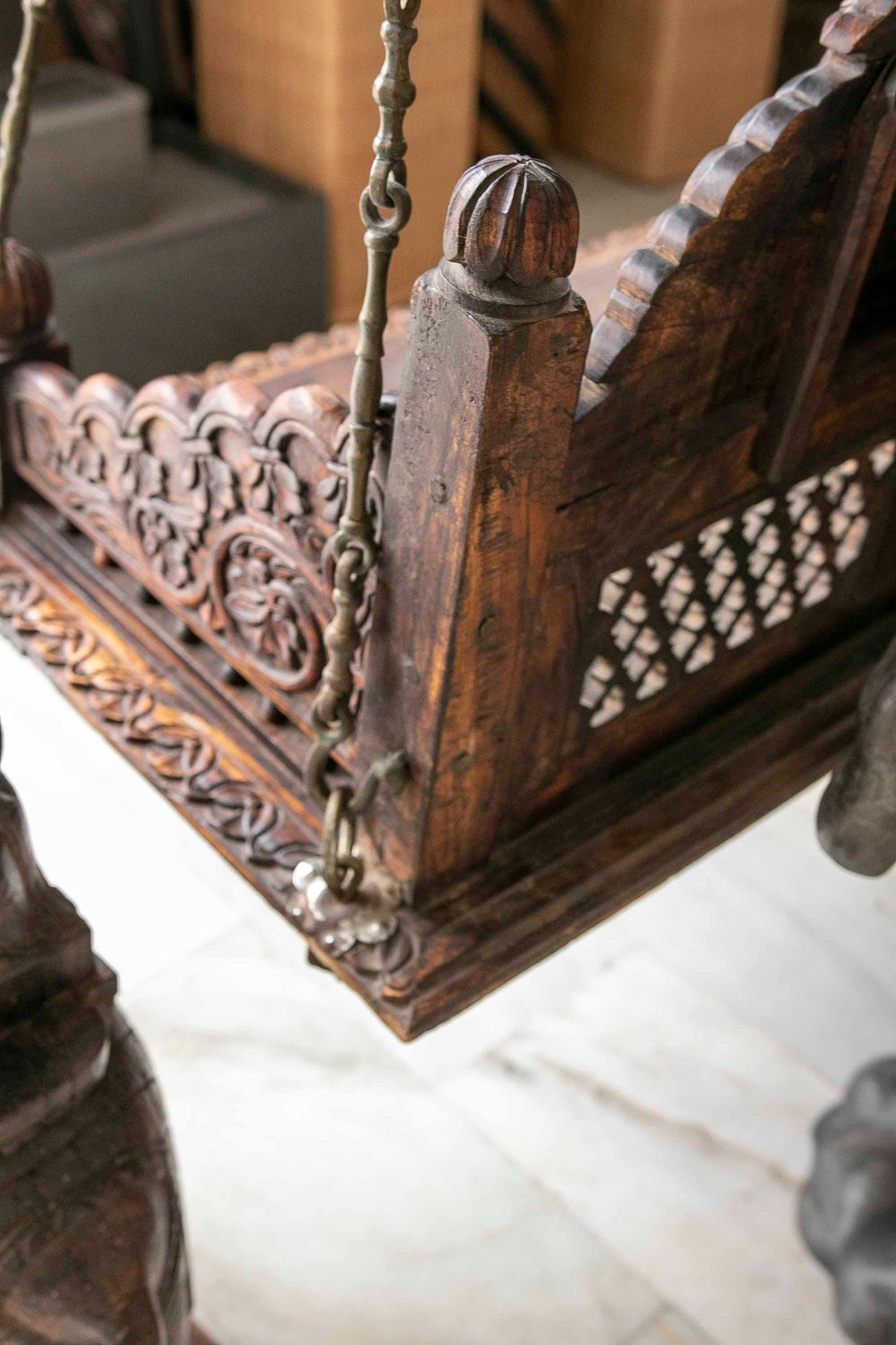 Hand-Carved Wooden Swing with Elephants and Columns