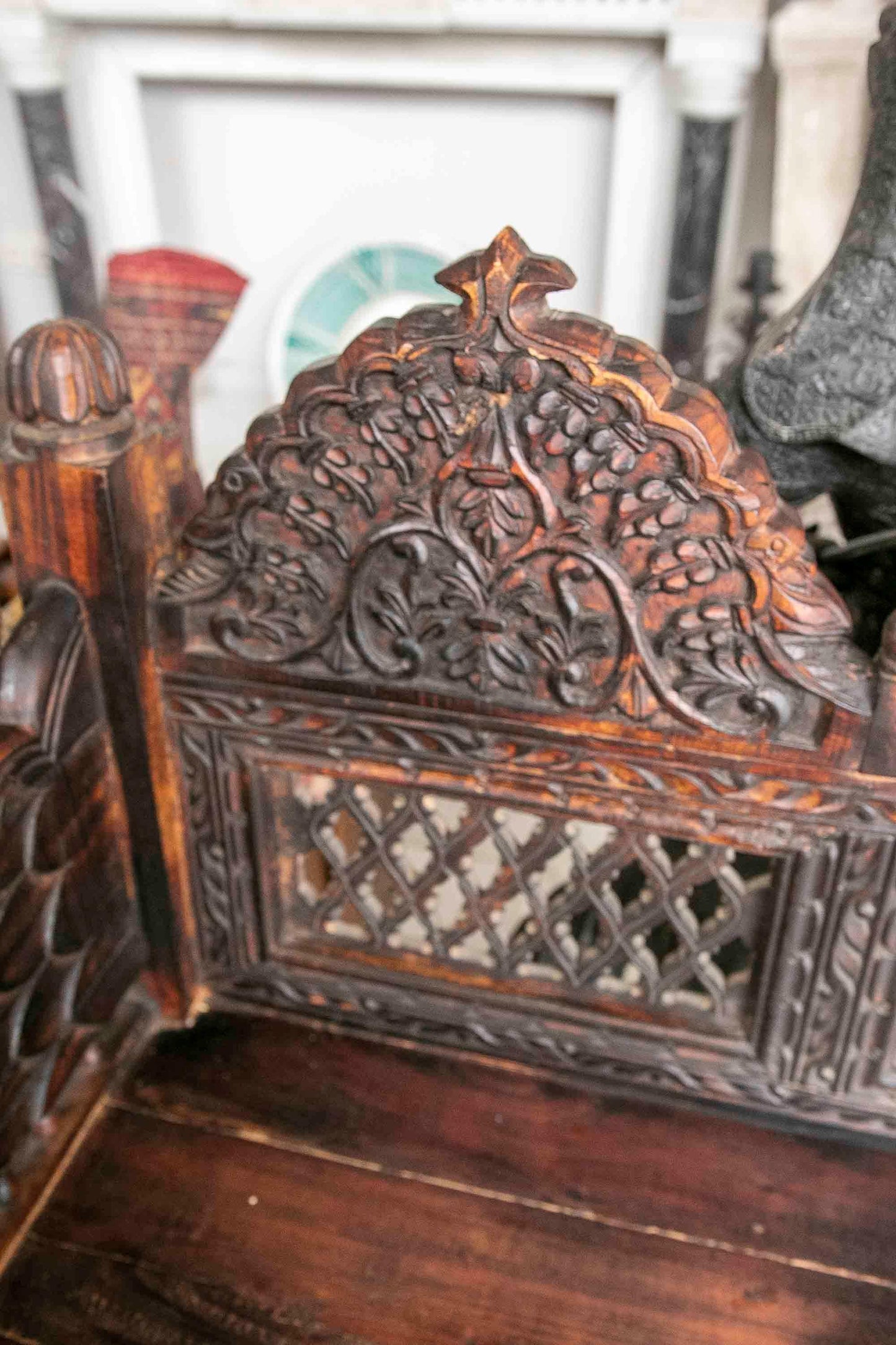 Hand-Carved Wooden Swing with Elephants and Columns