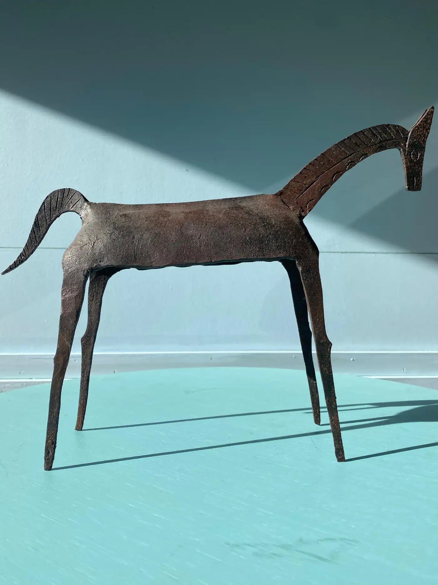 Brutalist Tribal Folk Wrought Iron Horse Figure 1950s Head Bowed