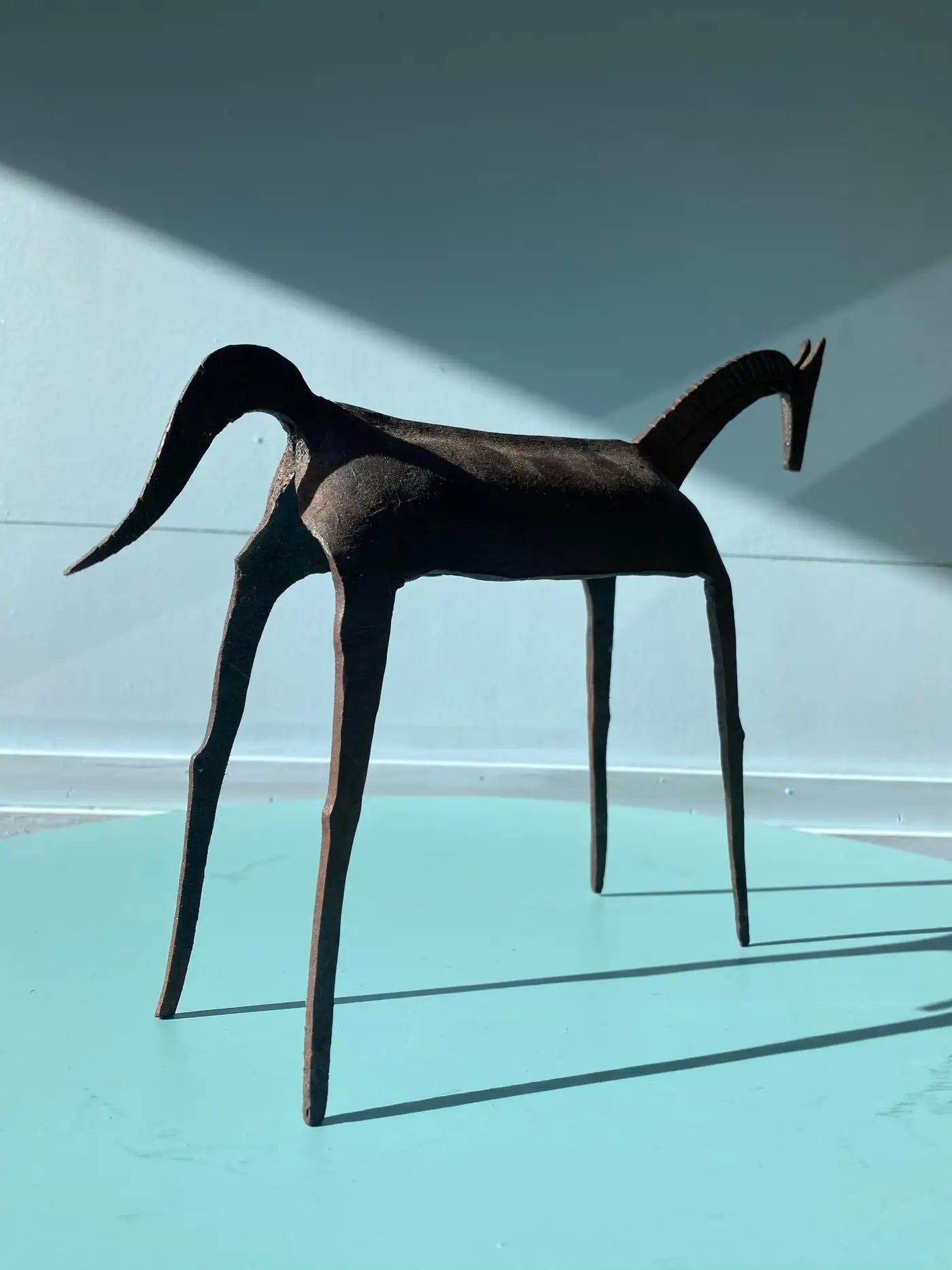 Brutalist Tribal Folk Wrought Iron Horse Figure 1950s Head Bowed