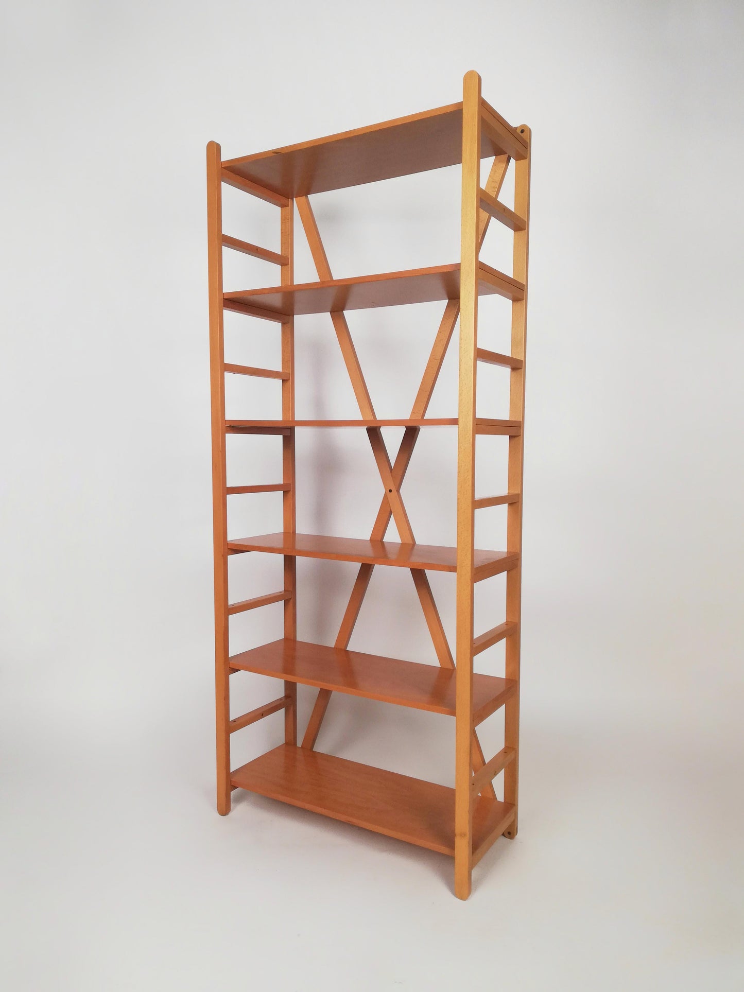 Scandinavian Modern Beech Wood Bookcase – 1970s Adjustable Shelving