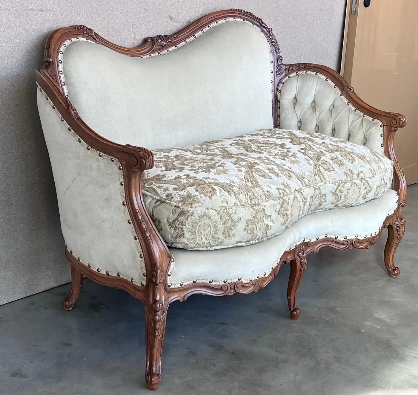 Pair of Victorian Carved Walnut Button Back Sofa