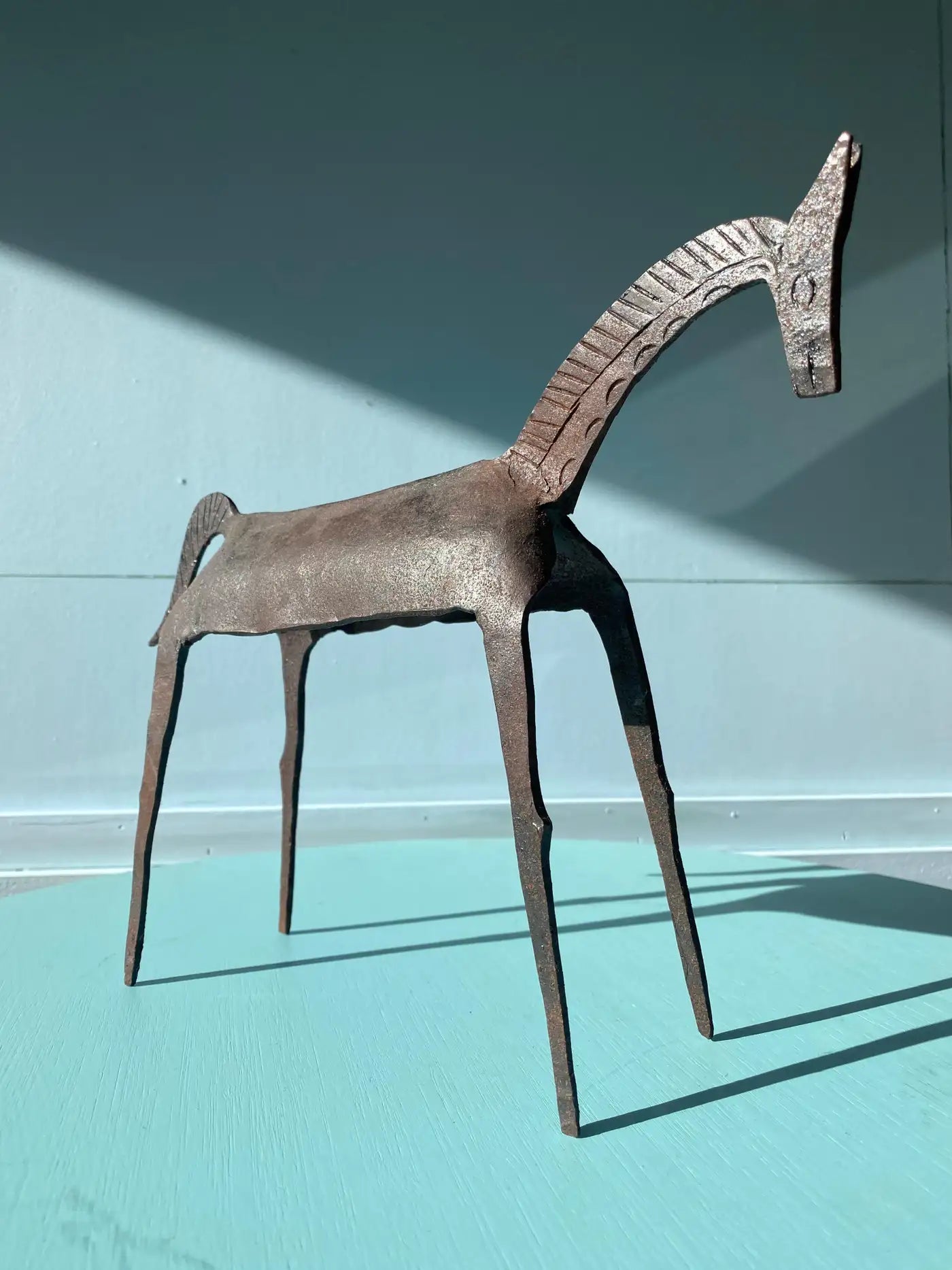 Brutalist Tribal Folk Wrought Iron Horse Figure 1950s Head Bowed