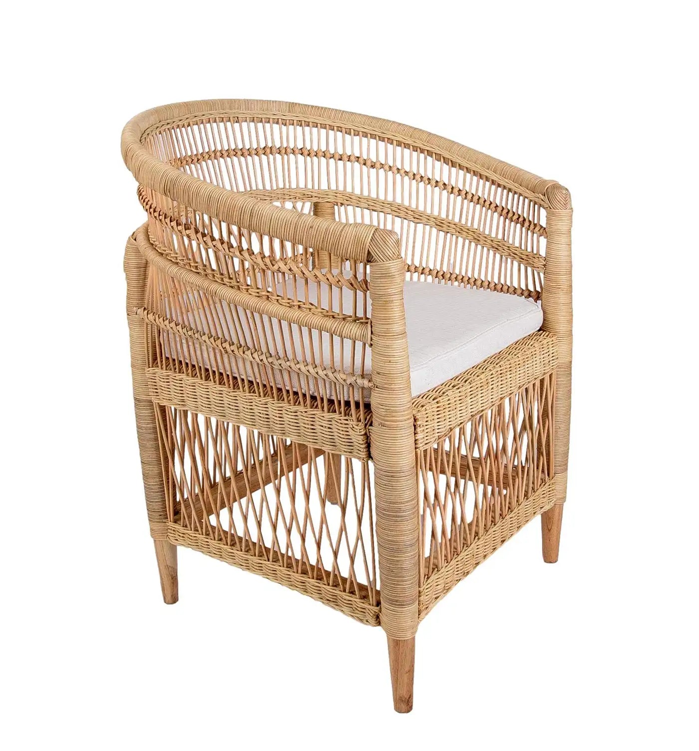 Set of Six Rattan and Wooden Armchairs with Beige Cushions