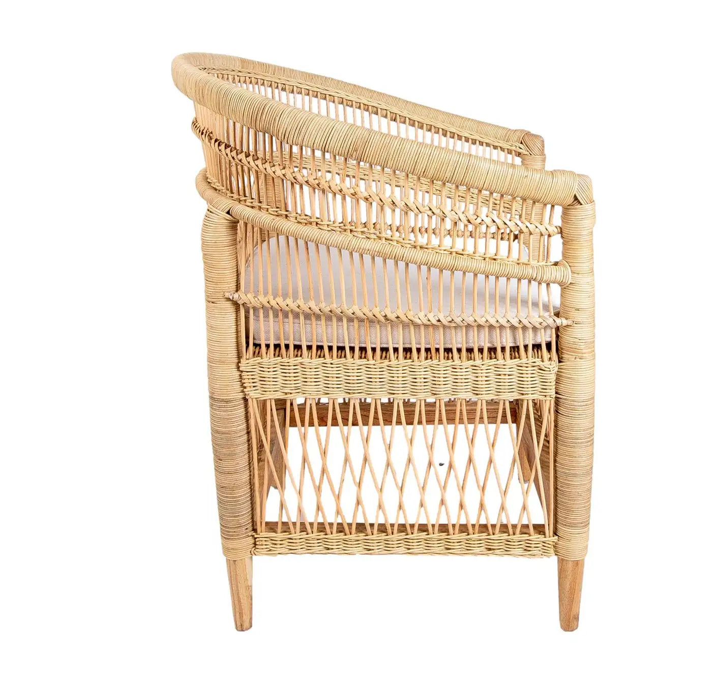 Set of Six Rattan and Wooden Armchairs with Beige Cushions