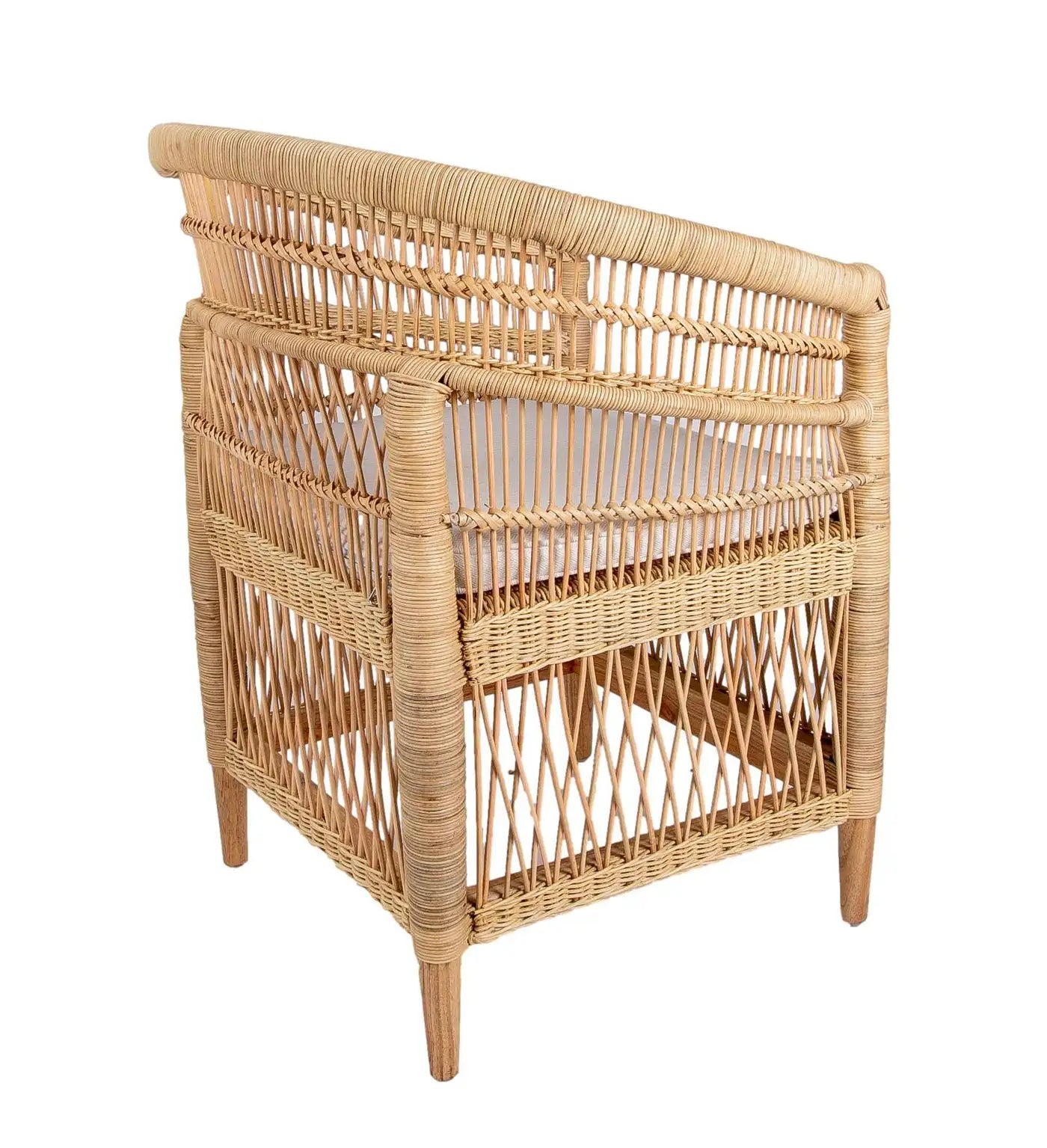Set of Six Rattan and Wooden Armchairs with Beige Cushions