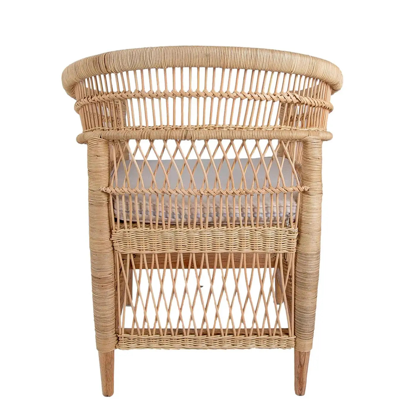 Set of Six Rattan and Wooden Armchairs with Beige Cushions