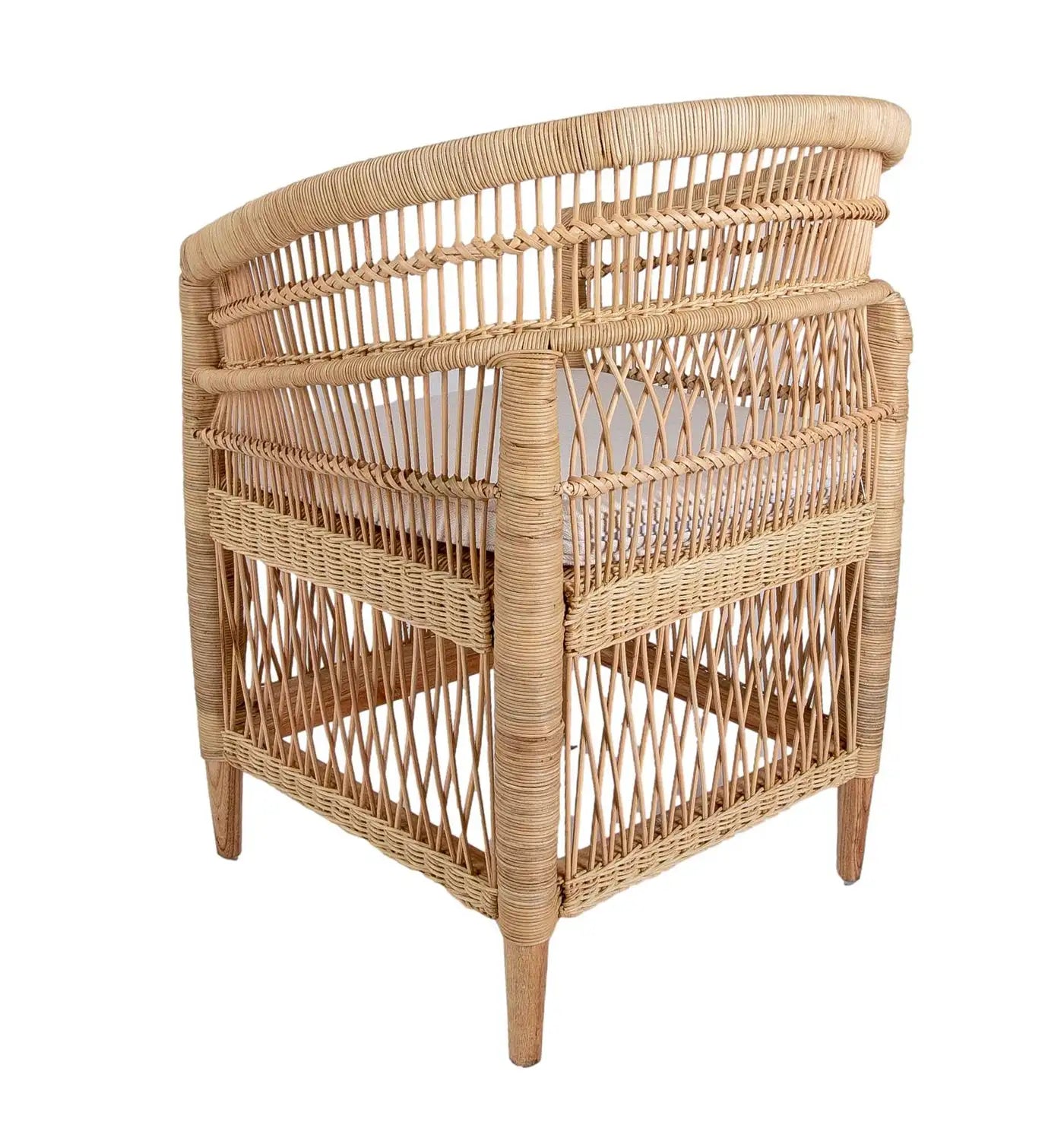 Set of Six Rattan and Wooden Armchairs with Beige Cushions