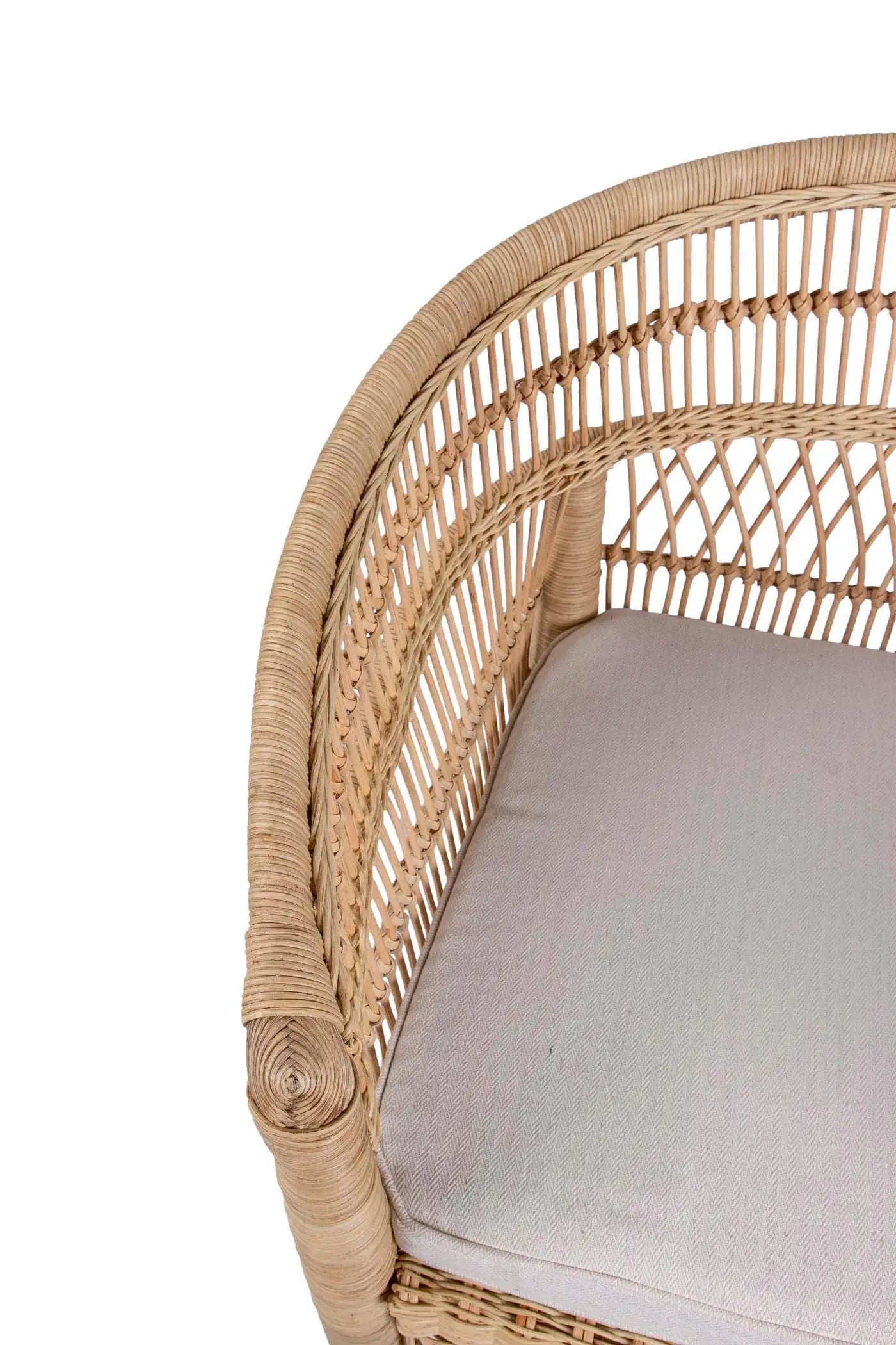 Set of Six Rattan and Wooden Armchairs with Beige Cushions