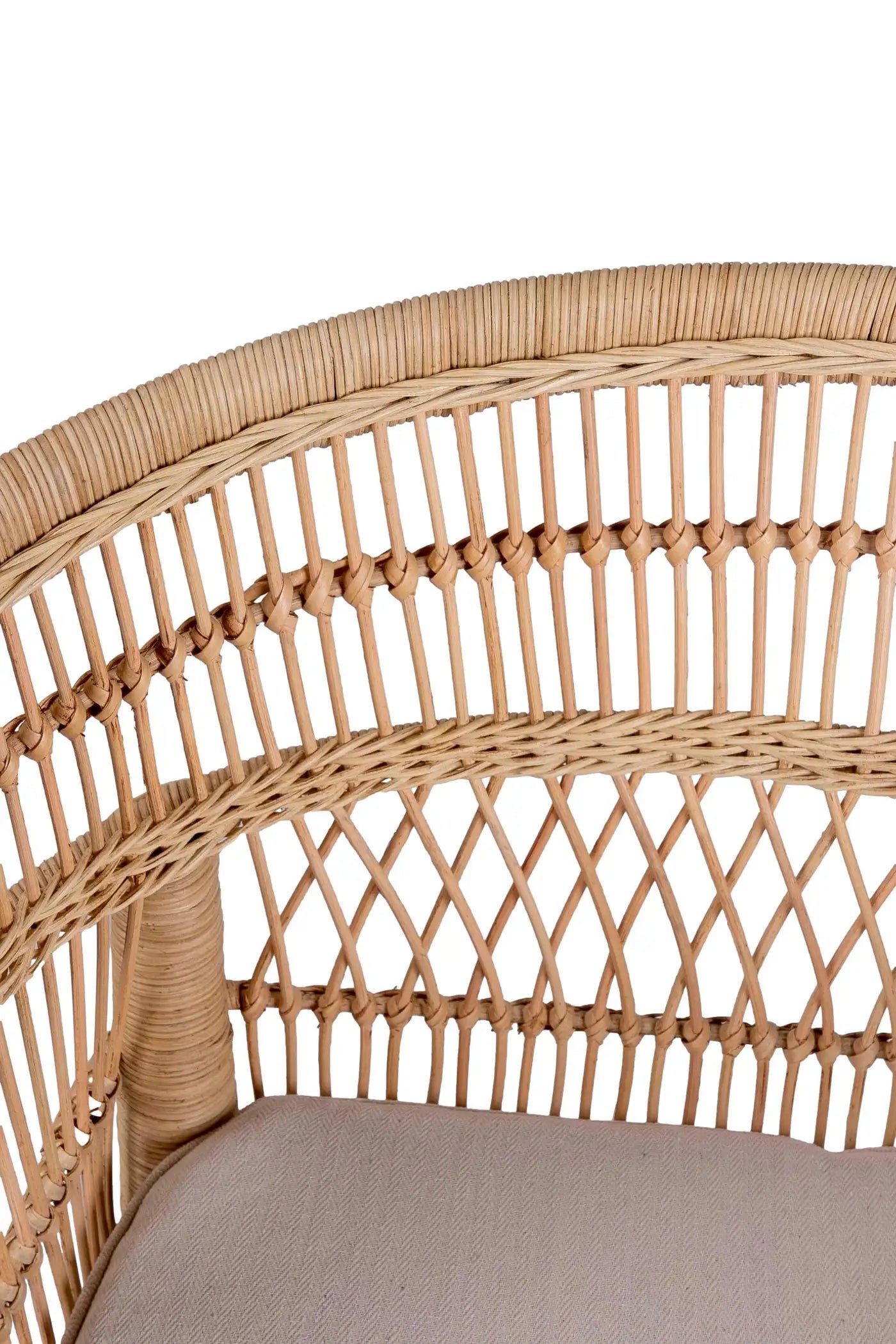 Set of Six Rattan and Wooden Armchairs with Beige Cushions
