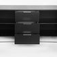 Black cabinet with open doors on a white background