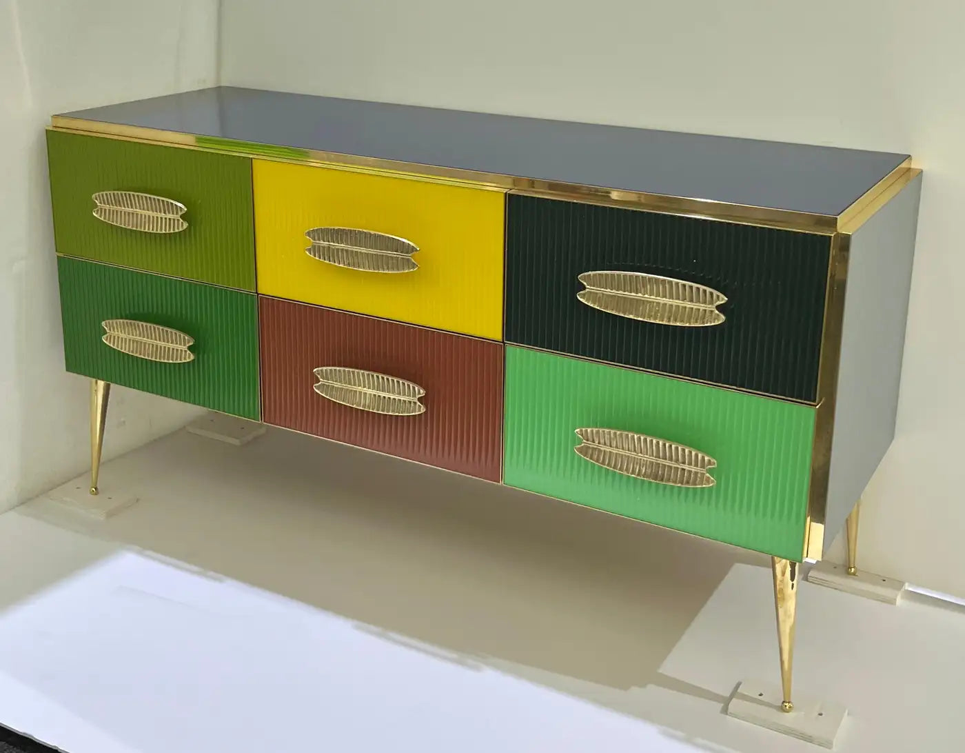 Bespoke Italian Multi-Color Glass & Brass 6-Drawer Modern Dresser