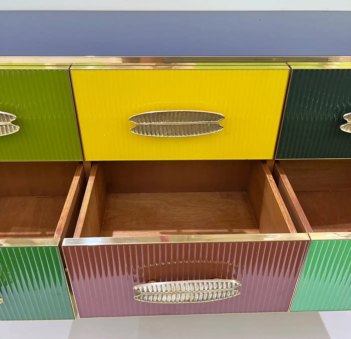 Bespoke Italian Multi-Color Glass & Brass 6-Drawer Modern Dresser