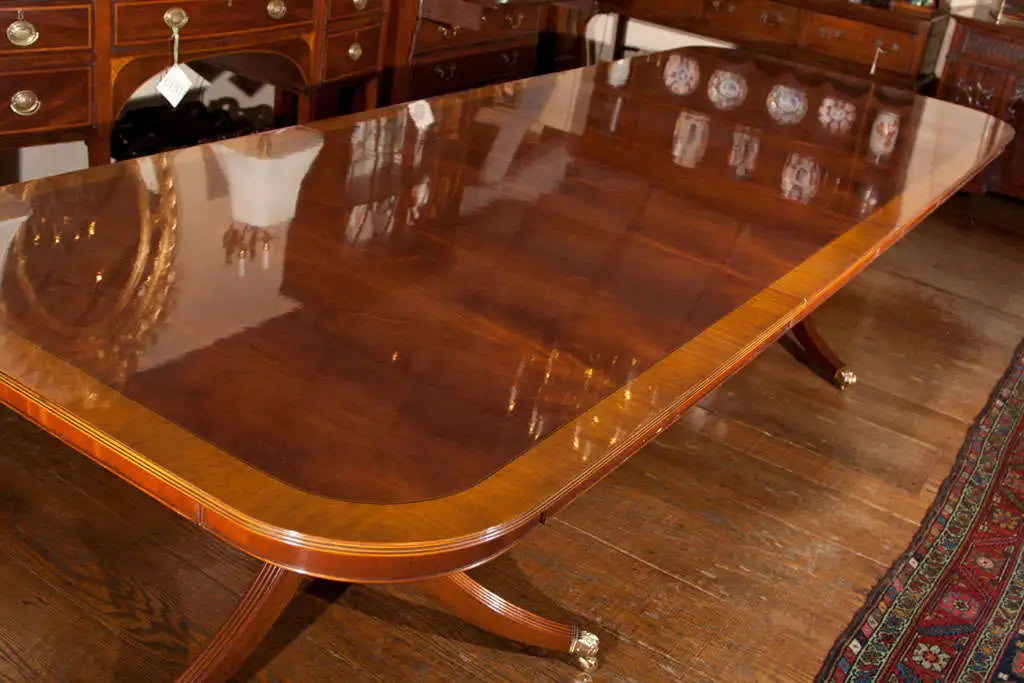 Custom English Flame Mahogany Double Pedestal Dining Table