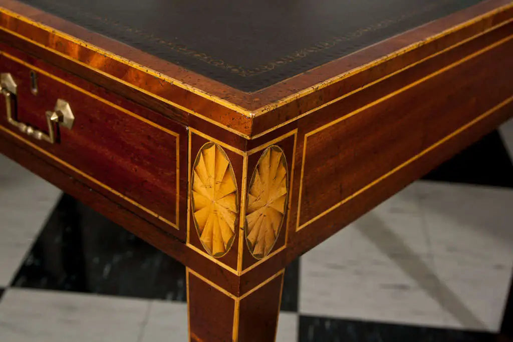 English Shaped Top Mahogany Writing Table with Inlaid Satinwood and Tooled Leather