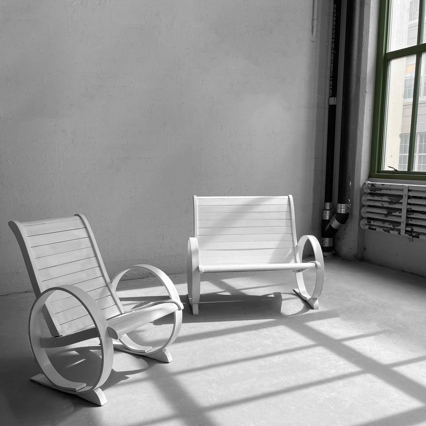 Mid-Century Painted Wood Outdoor Bench & Lounge Chair Set – Handmade