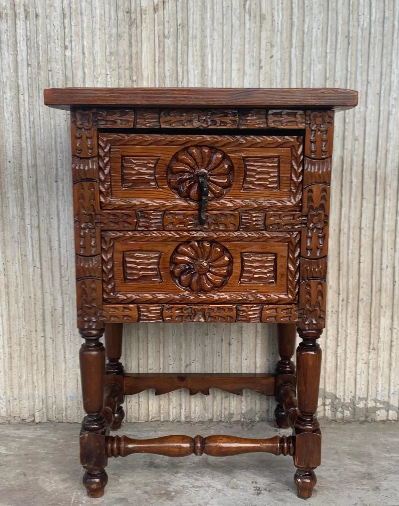 Antique Spanish Carved Walnut End Table or Nightstand with 2 Drawers