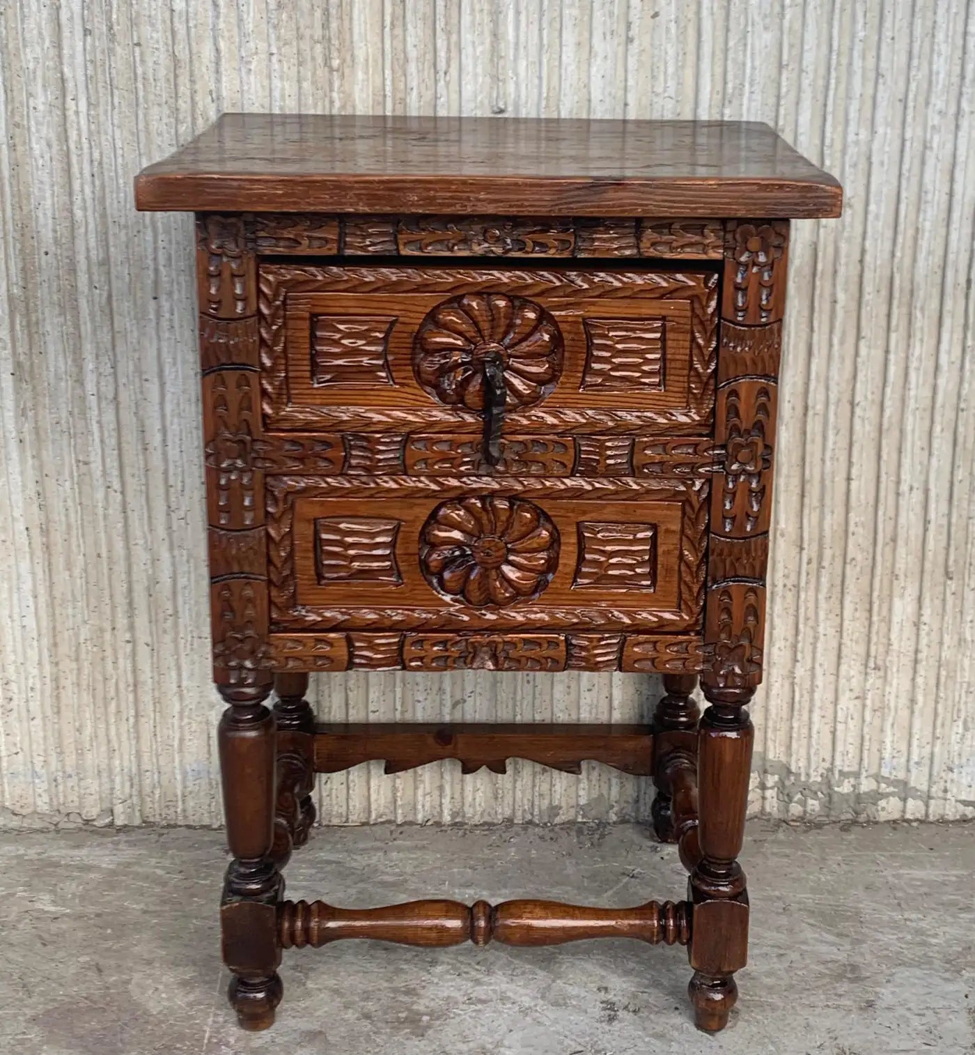 Antique Spanish Carved Walnut End Table or Nightstand with 2 Drawers
