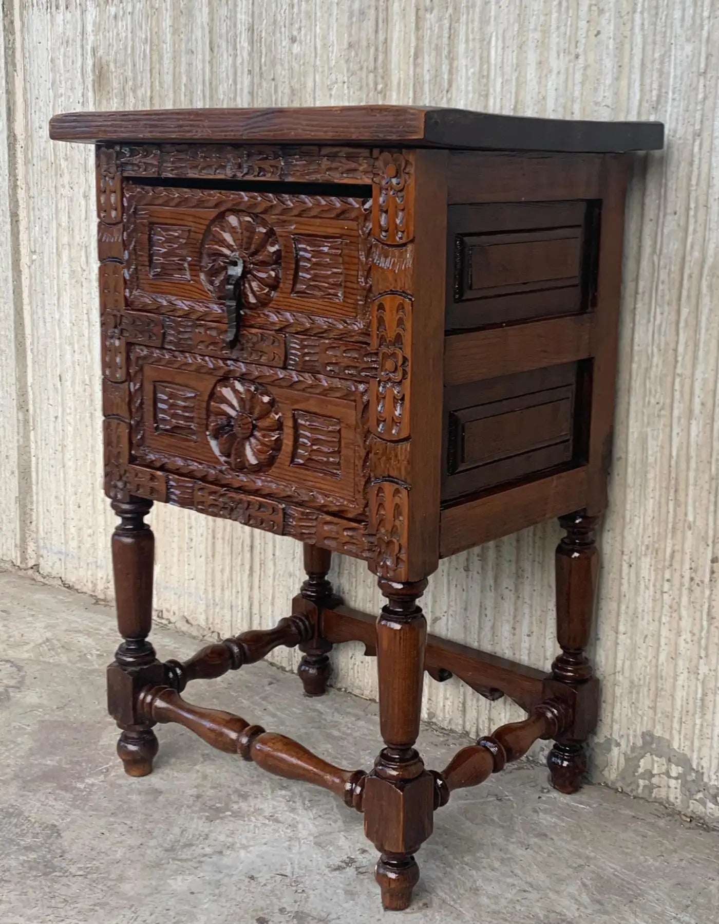 Antique Spanish Carved Walnut End Table or Nightstand with 2 Drawers