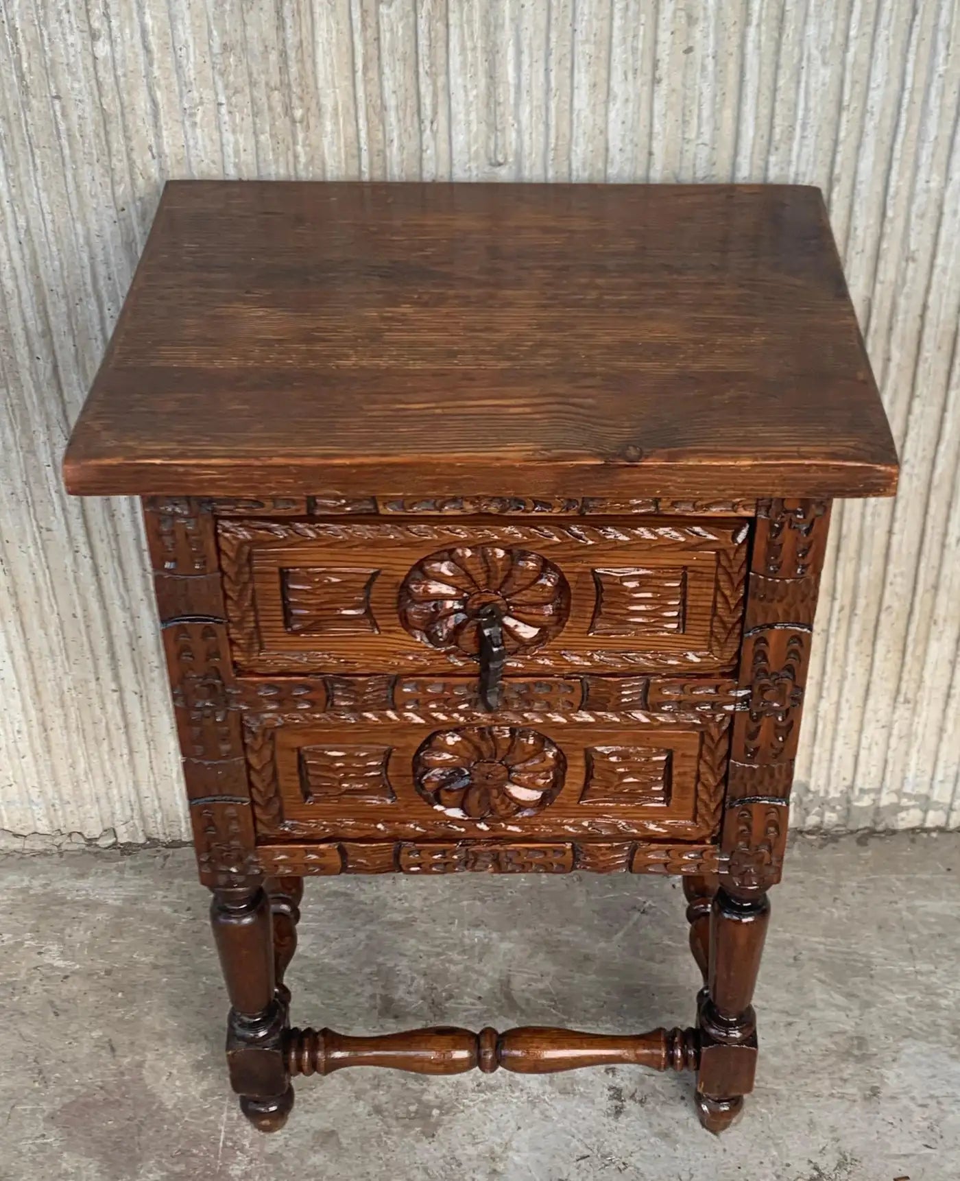 Antique Spanish Carved Walnut End Table or Nightstand with 2 Drawers