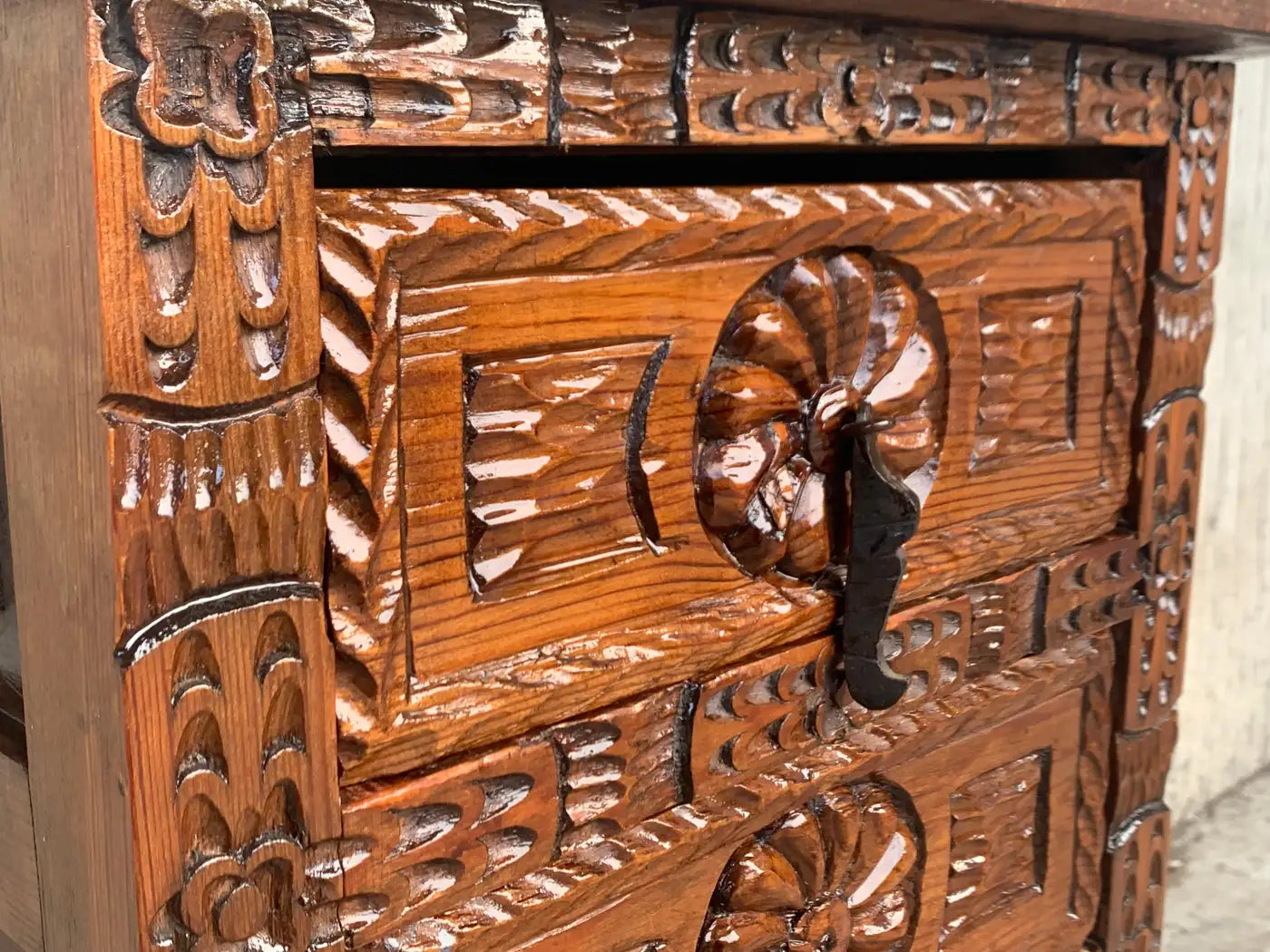 Antique Spanish Carved Walnut End Table or Nightstand with 2 Drawers