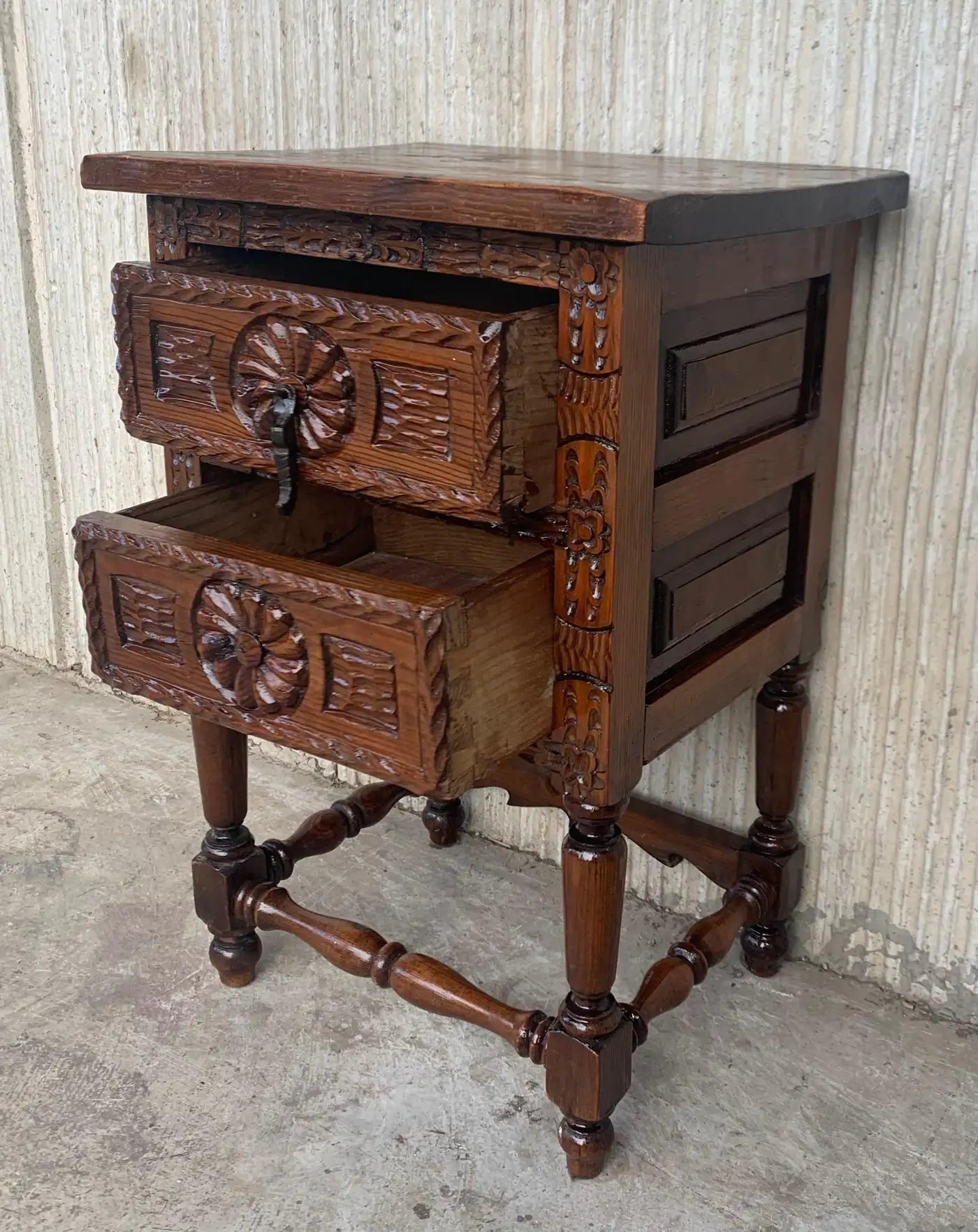 Antique Spanish Carved Walnut End Table or Nightstand with 2 Drawers