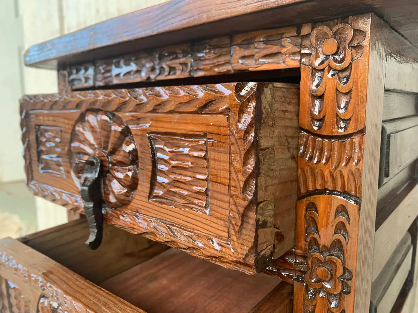 Antique Spanish Carved Walnut End Table or Nightstand with 2 Drawers