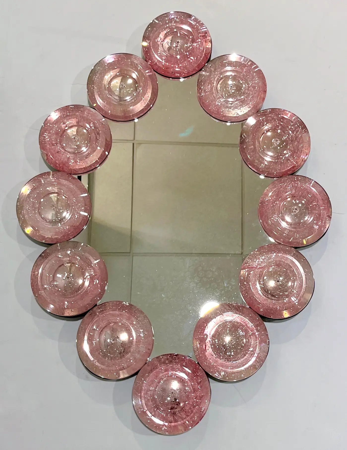 Contemporary Italian Custom Blush Pink Murano Glass Disc Modern Oval Mirror