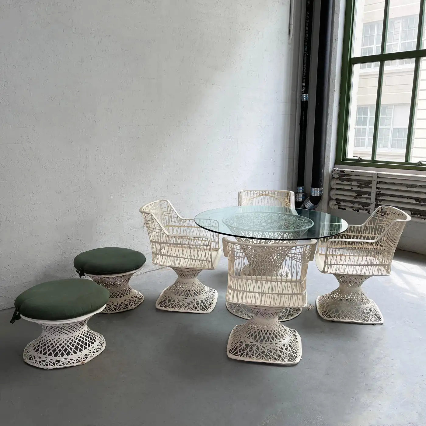 Woven Fiberglass Patio Dining Set with Ottomans