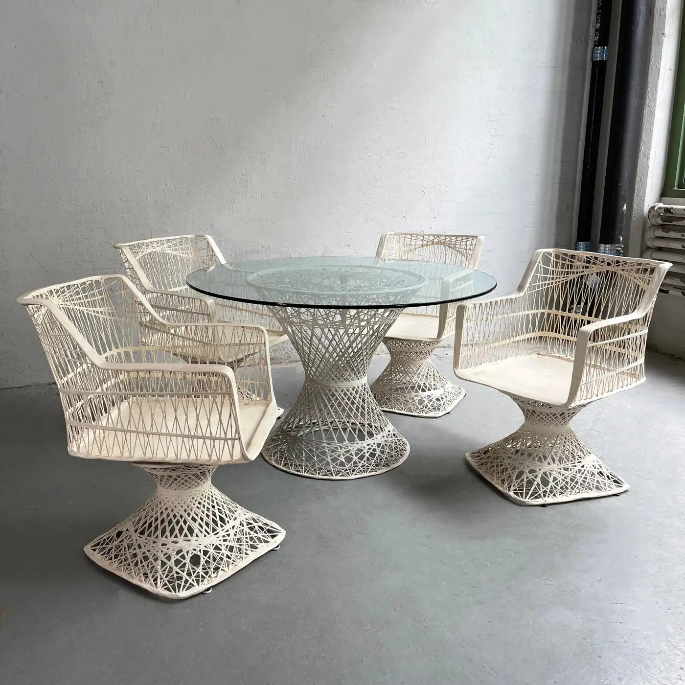 Woven Fiberglass Patio Dining Set with Ottomans