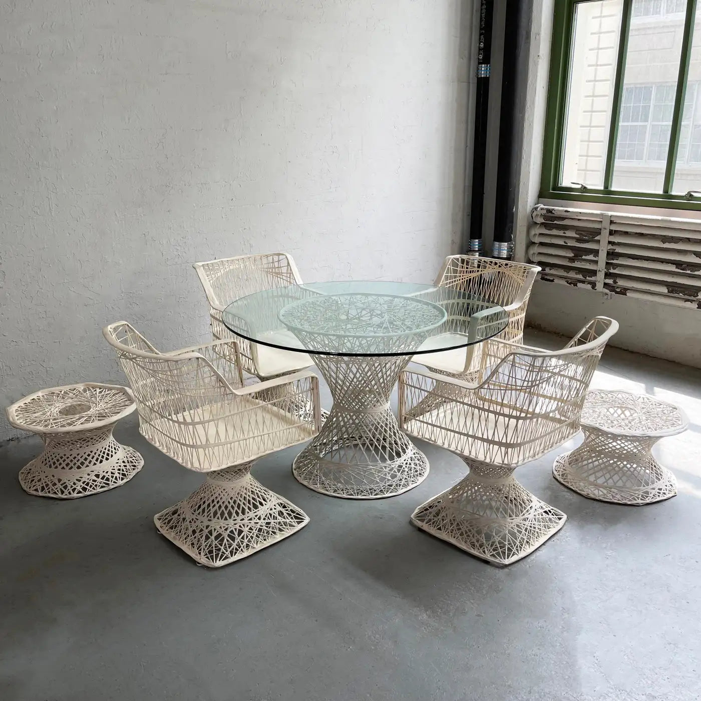 Woven Fiberglass Patio Dining Set with Ottomans