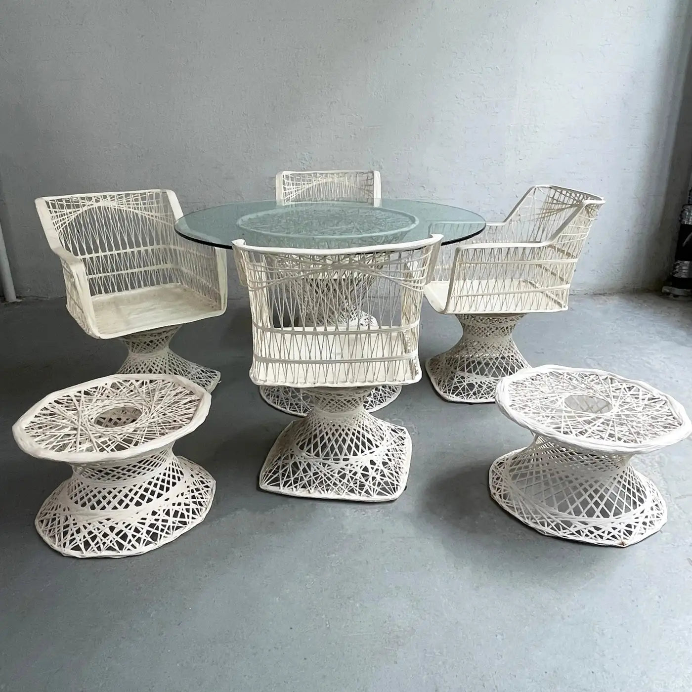 Woven Fiberglass Patio Dining Set with Ottomans