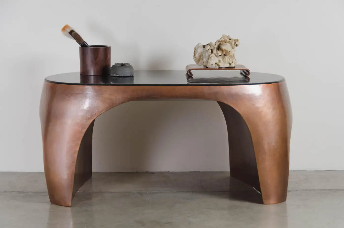 Robert Kuo Repoussé Curve Desk in Antique Copper & Black Lacquer — Limited Edition