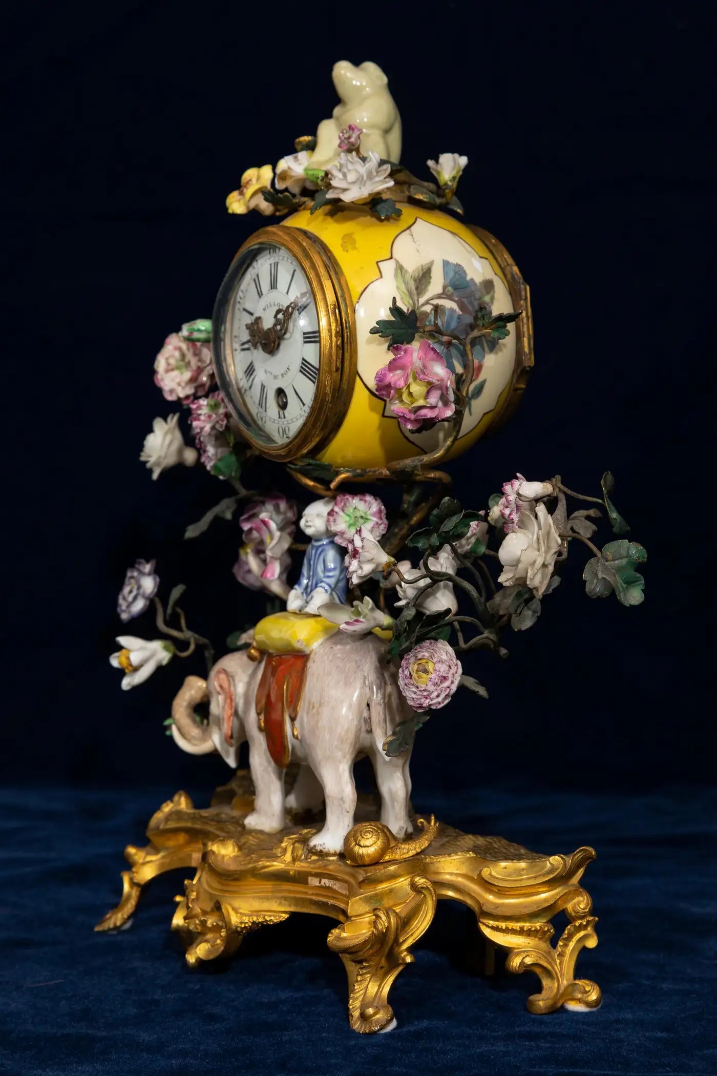 Louis XV Ormolu Mntd. Meissen Porcelain Chinoiserie Elephant Clock w/ Snail
