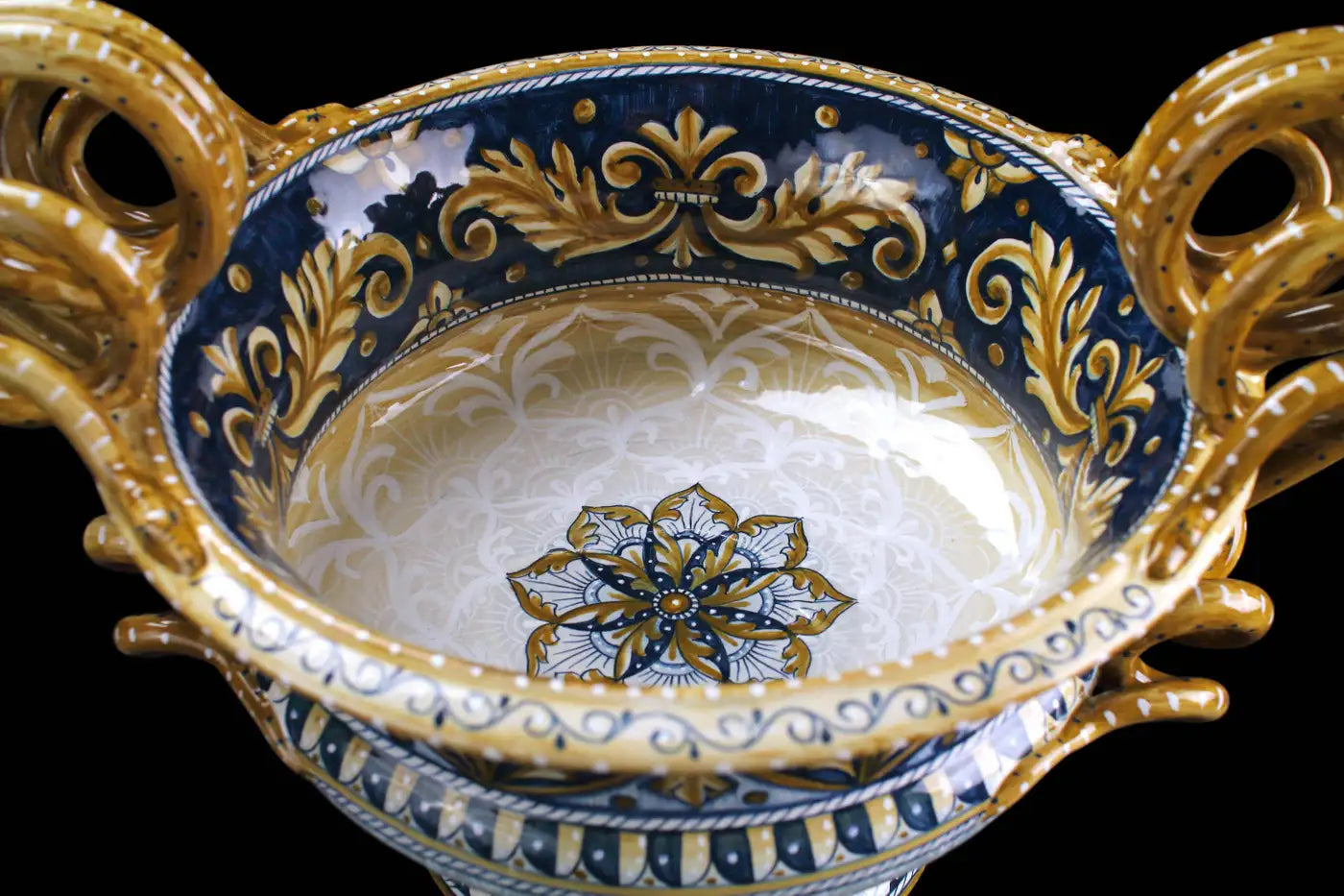 Hand Painted Blue Majolica Handles Bowl Centerpiece Ornament Renaissance Deruta