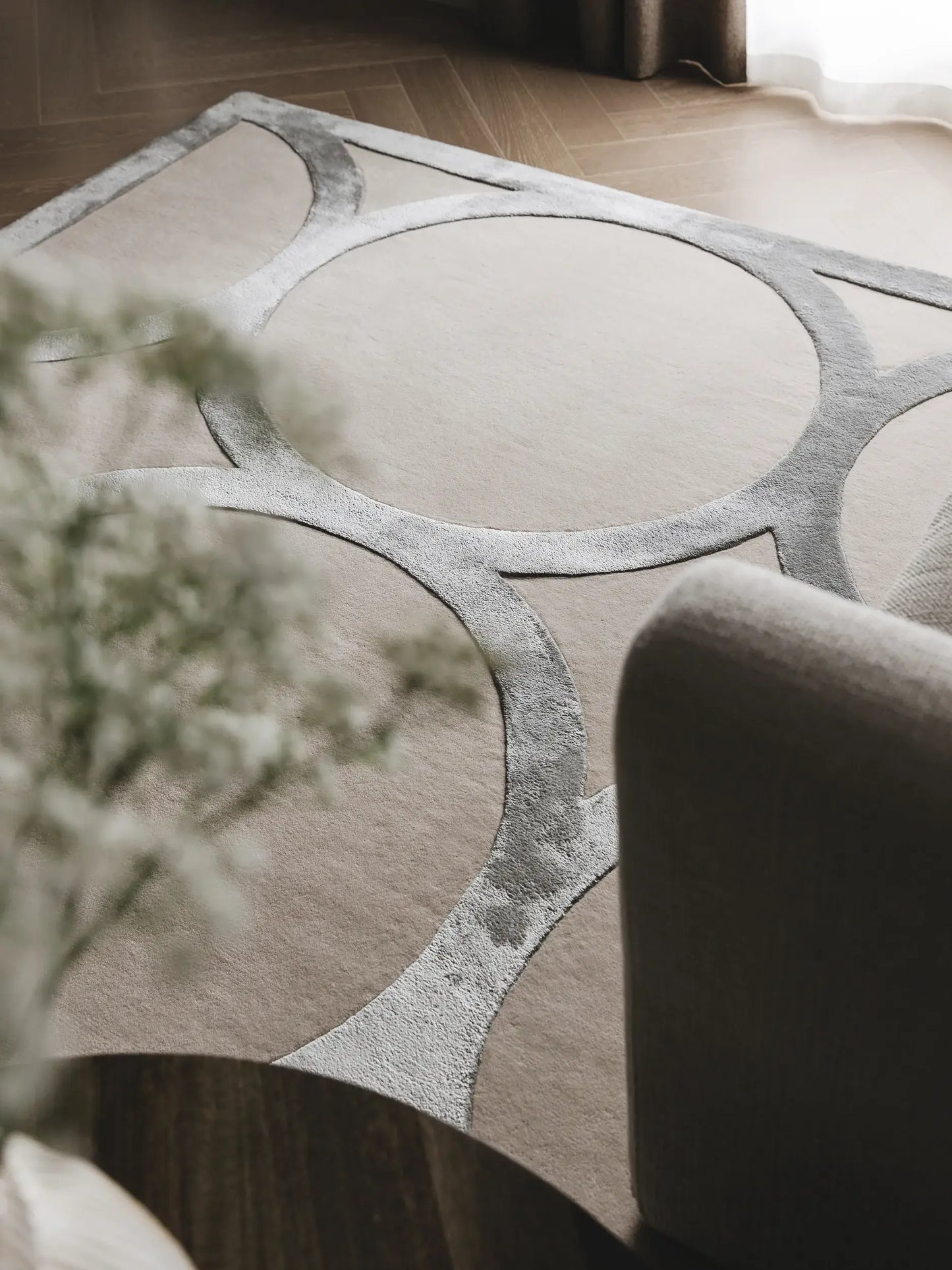 Refined Cream and Grey Wool & Lyocell Statement Rug