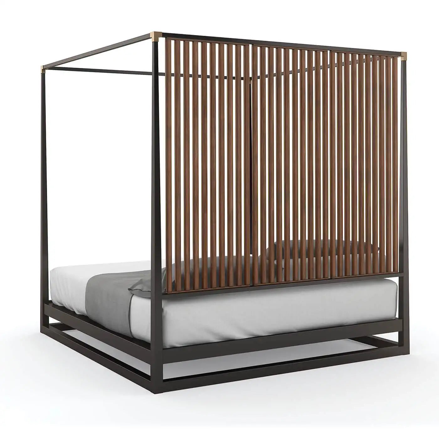 Wooden canopy bed with black frame on a white background