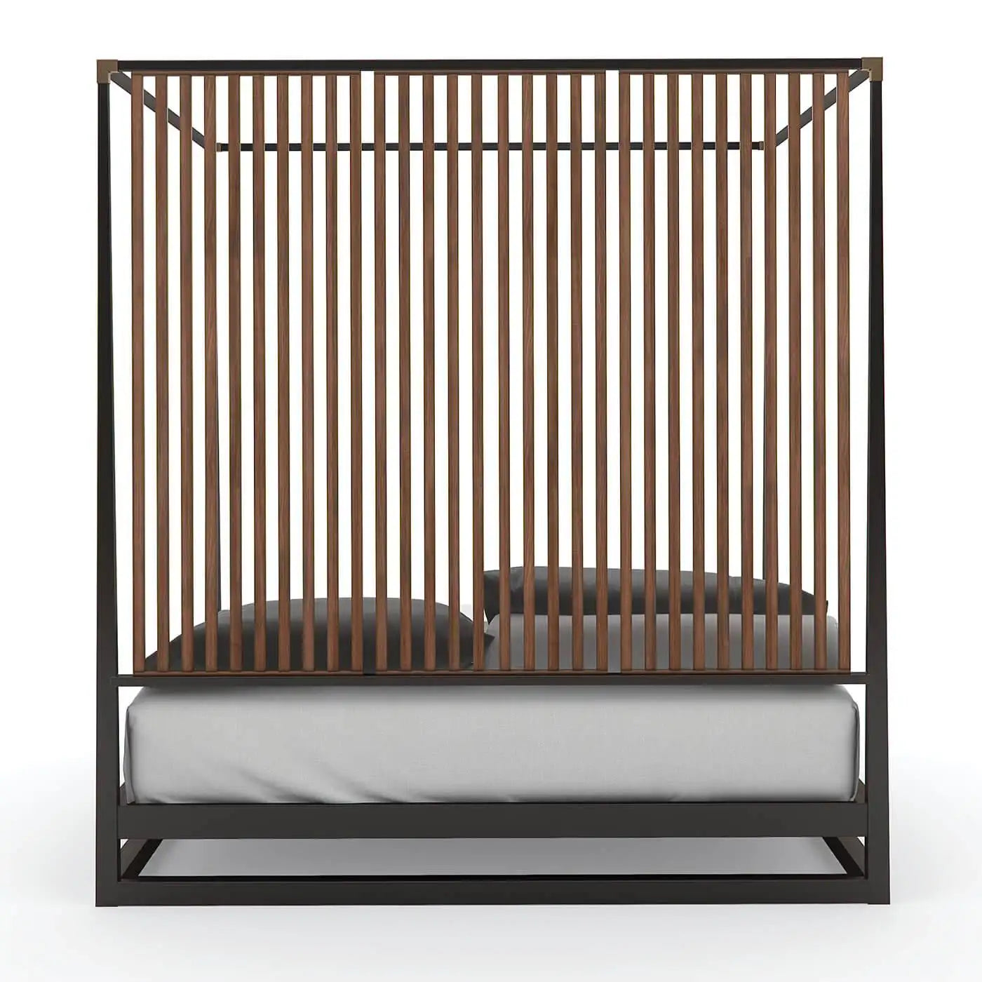 Wooden canopy bed with dark brown slats on a white background