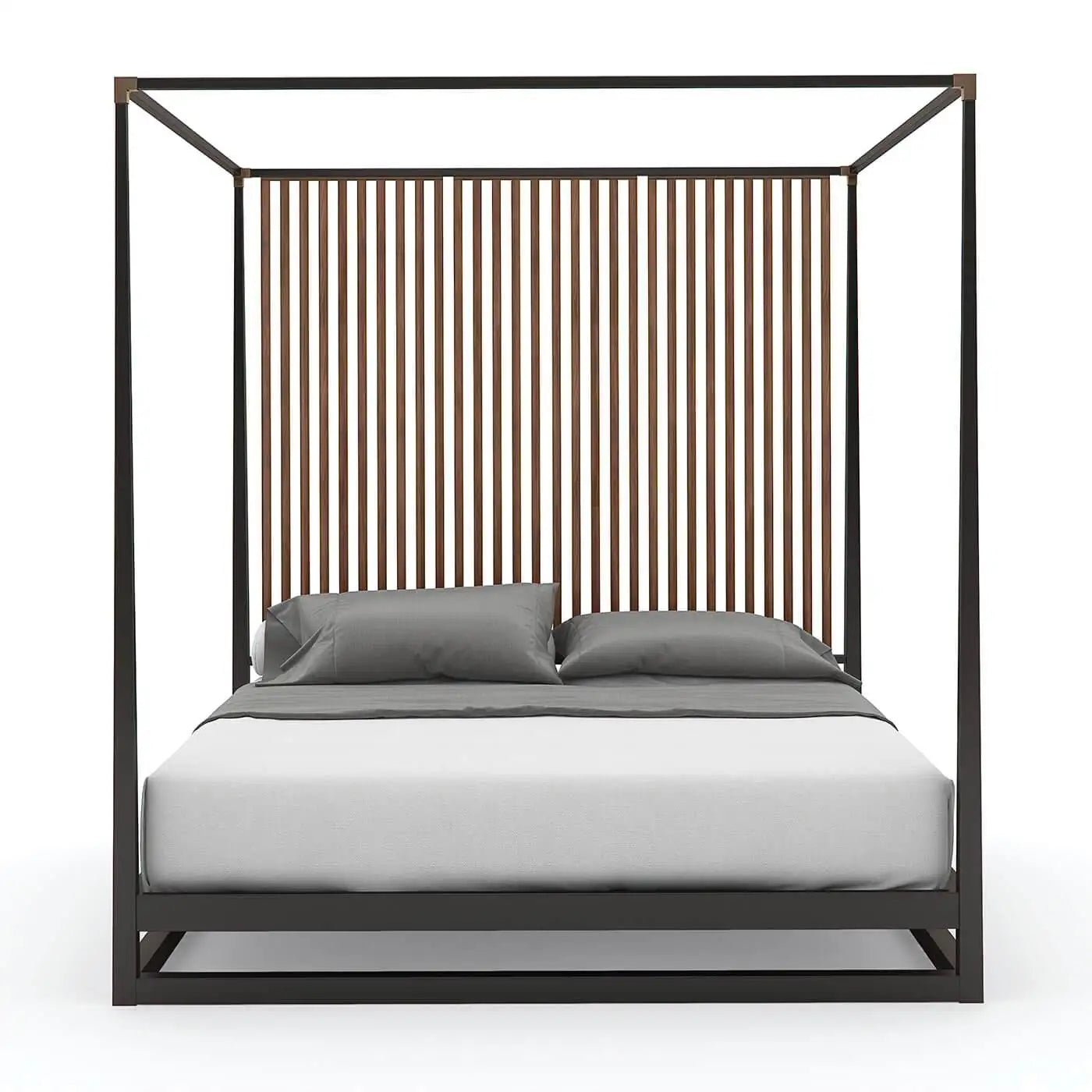 Black metal canopy bed with gray bedding on a white background