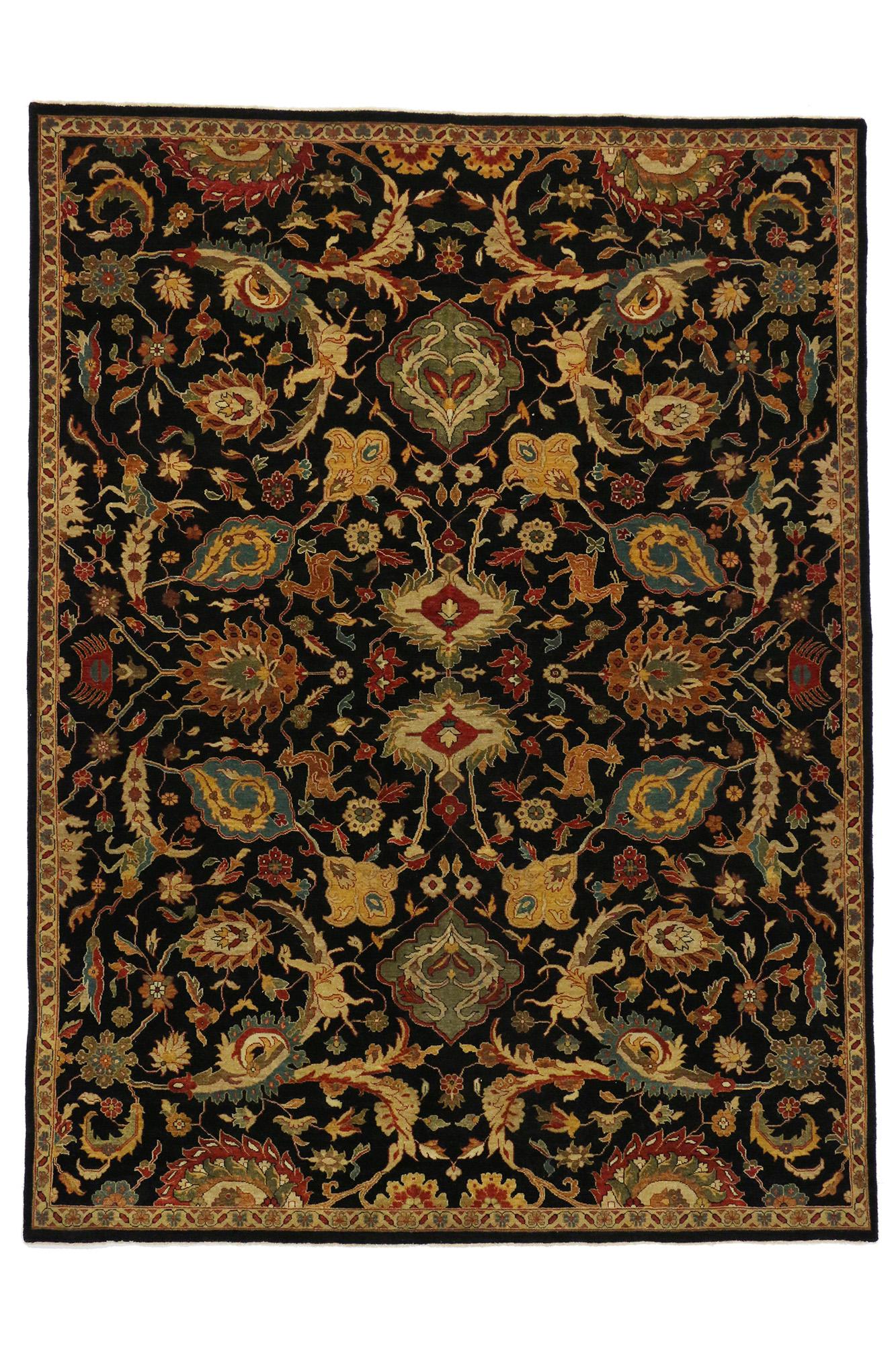 Modern Black Indian Mahal Rug Biophilic Midnight Garden, 08'09" x 11'10"