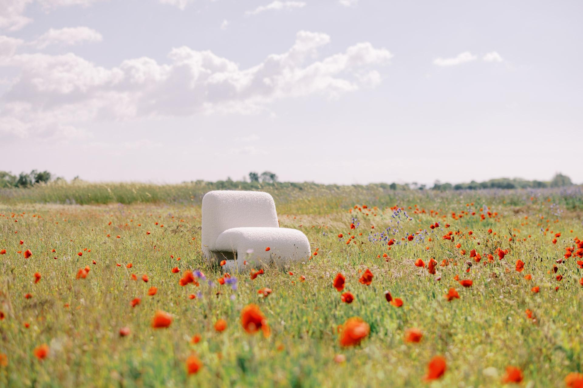 White chair in a field of red flowers with a clear sky