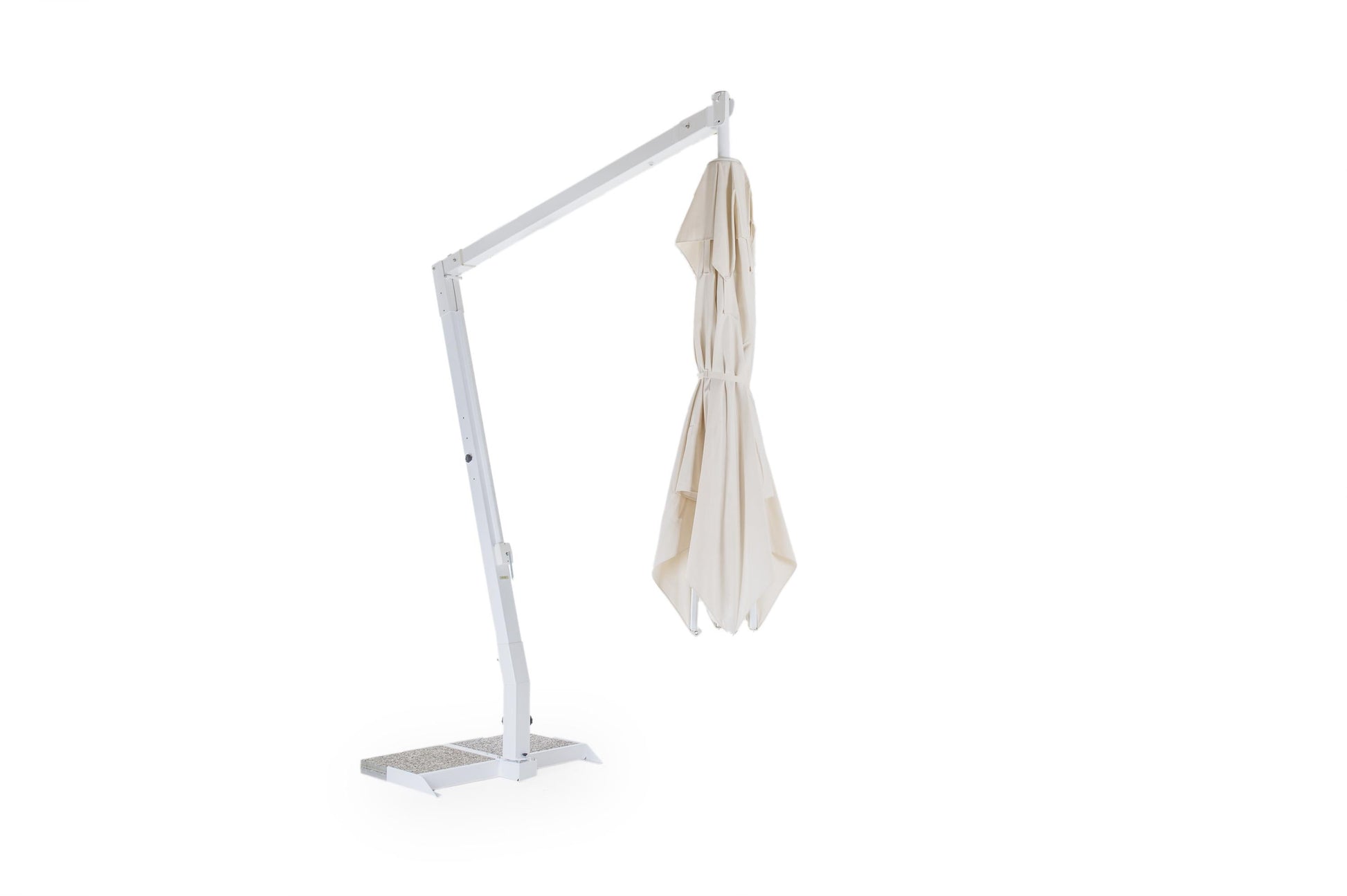 White umbrella stand with a beige umbrella on a white background